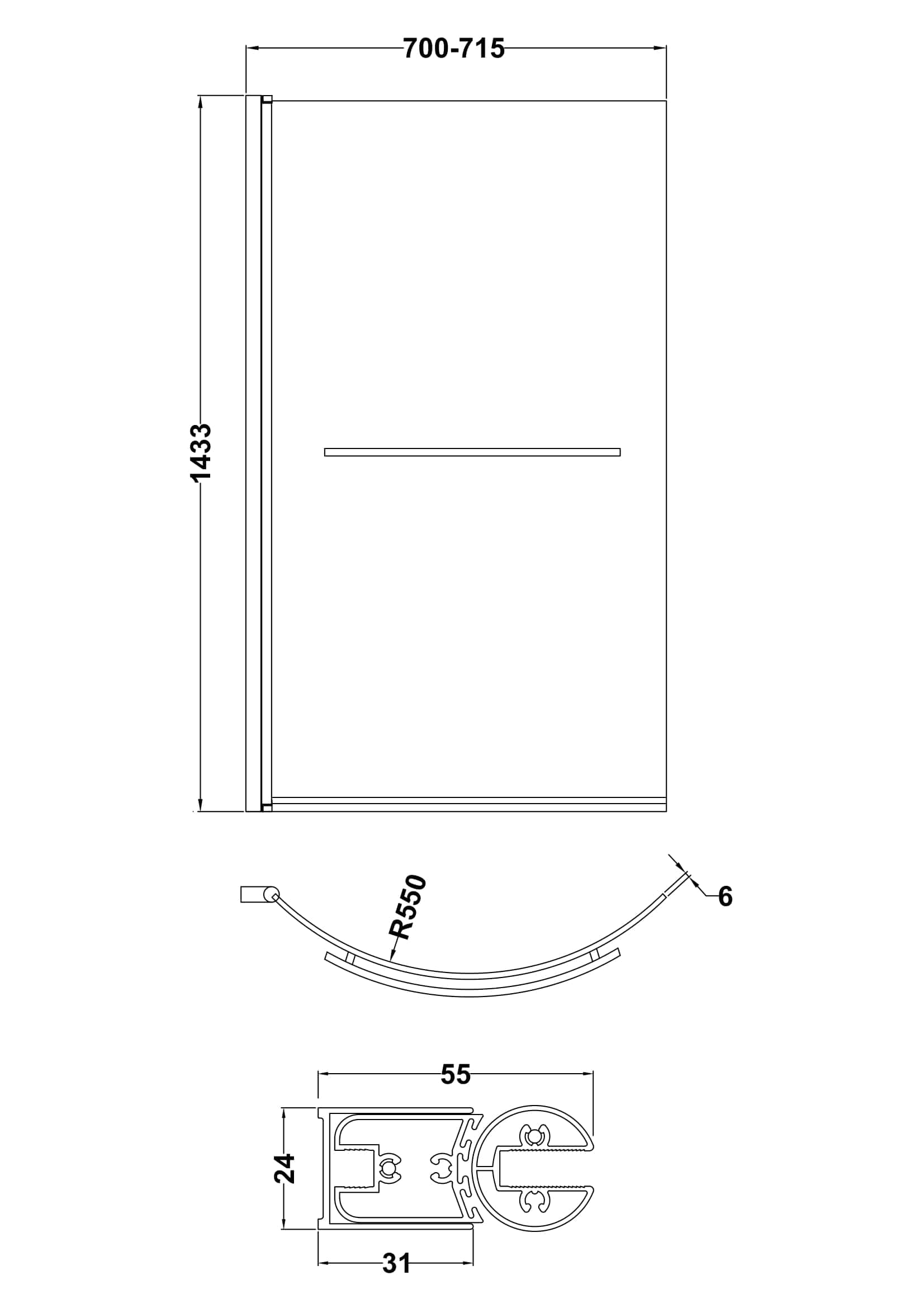 Sleek shower enclosure with dimensions 700-715mm width and 1433mm height, featuring a curved R550 aluminium frame, ideal for modern bathroom renovations and shower upgrade projects.