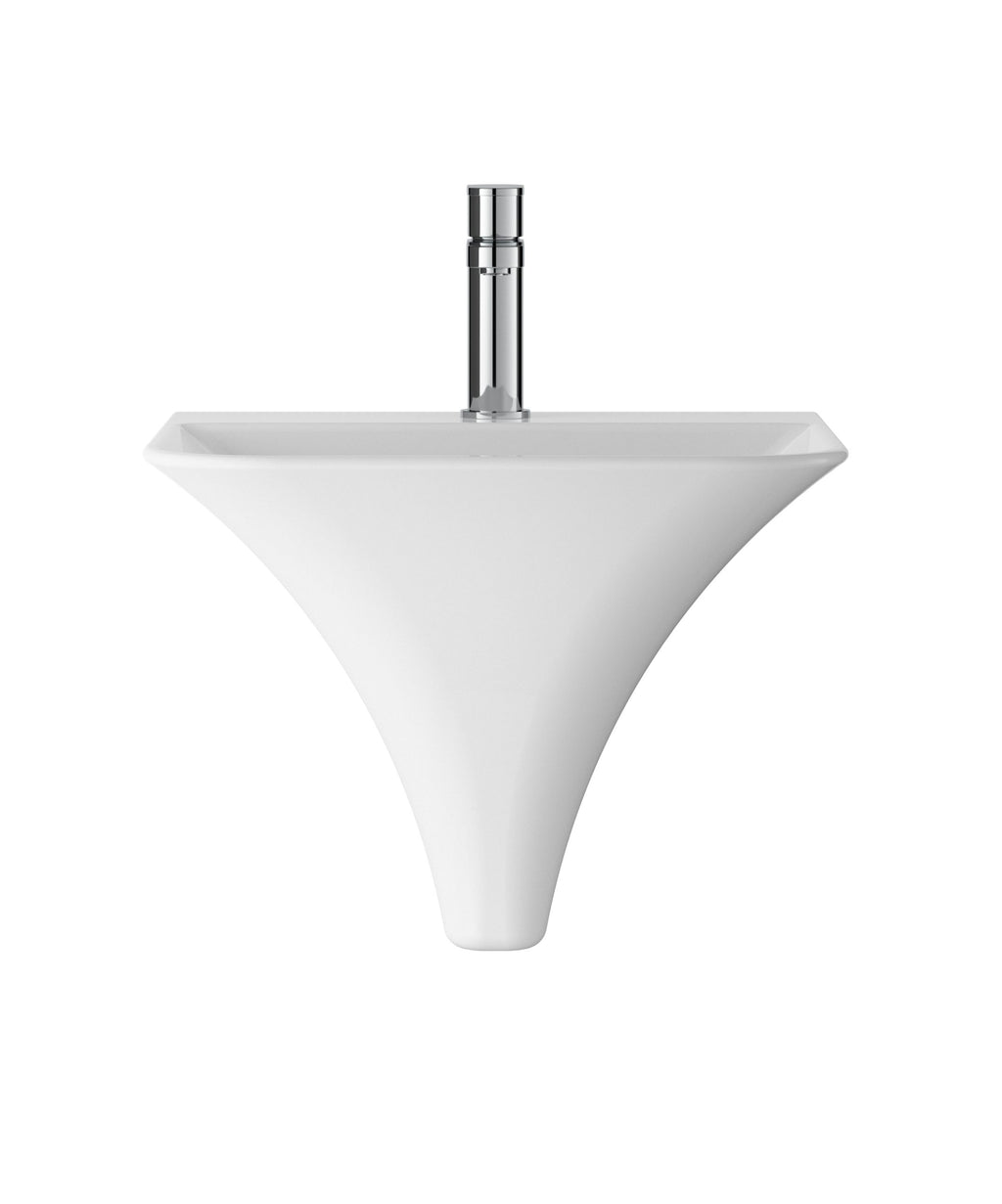 Sleek modern white bathroom sink with chrome faucet, ideal for contemporary bathroom designs. Perfect for enhancing space aesthetics with clean lines and minimalist style.