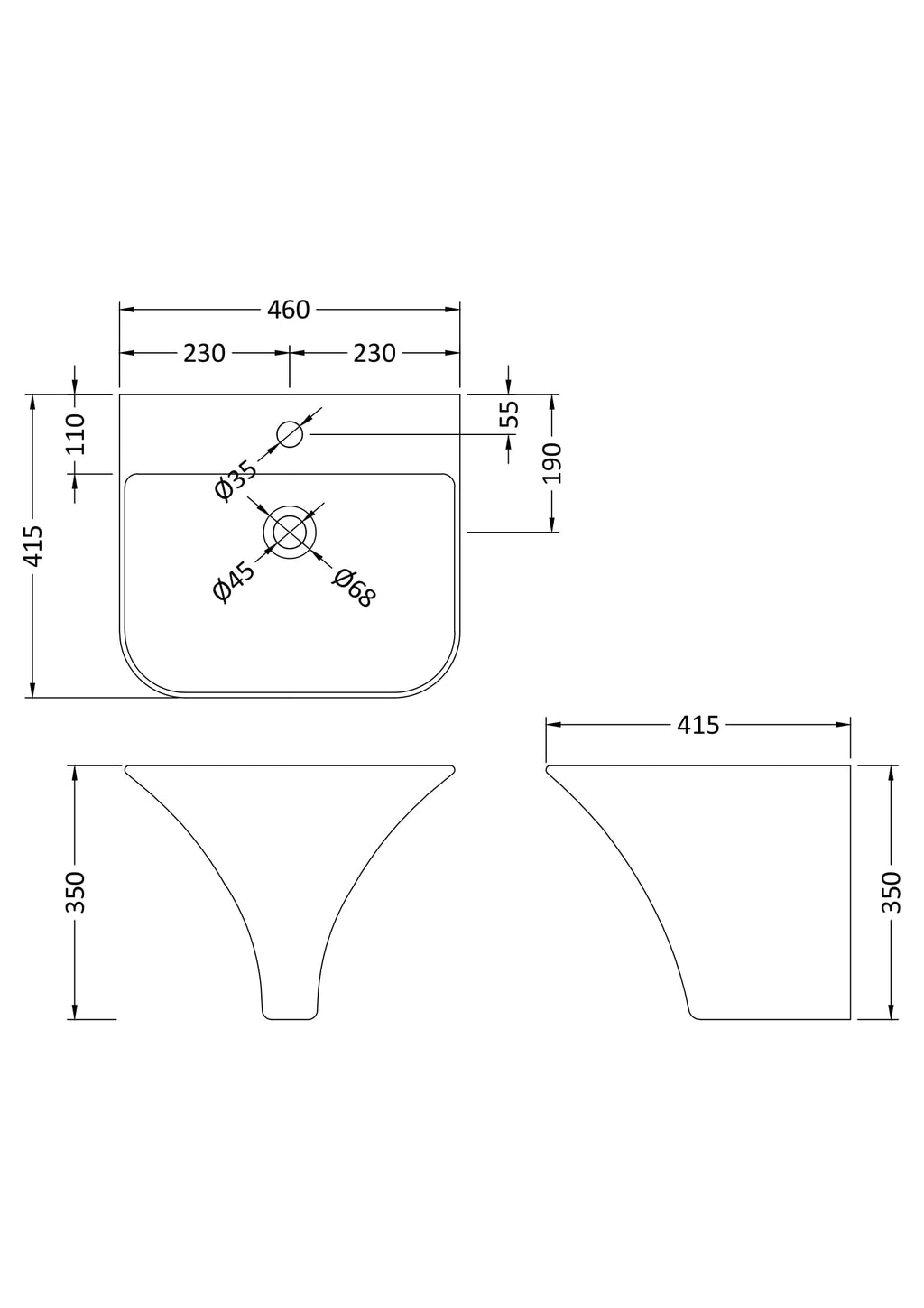 Sleek modern bathroom sink with detailed technical drawing, dimensions, and plumbing specifications for perfect installation and high-quality bathroom renovation.