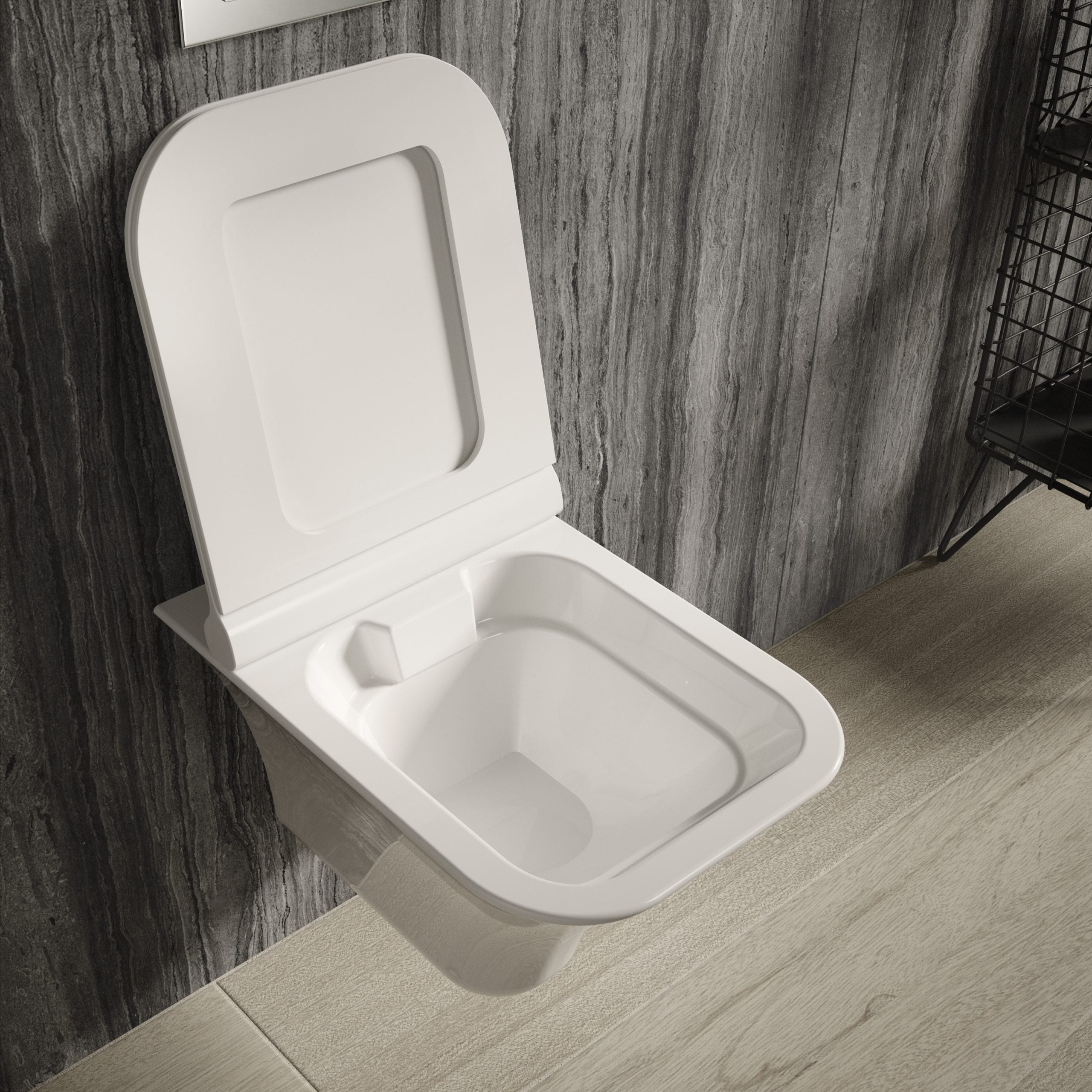 Modern white wall-mounted toilet with sleek design, comfortable seat, and easy-to-clean surface, ideal for contemporary bathrooms and spaces requiring efficient hygiene solutions.