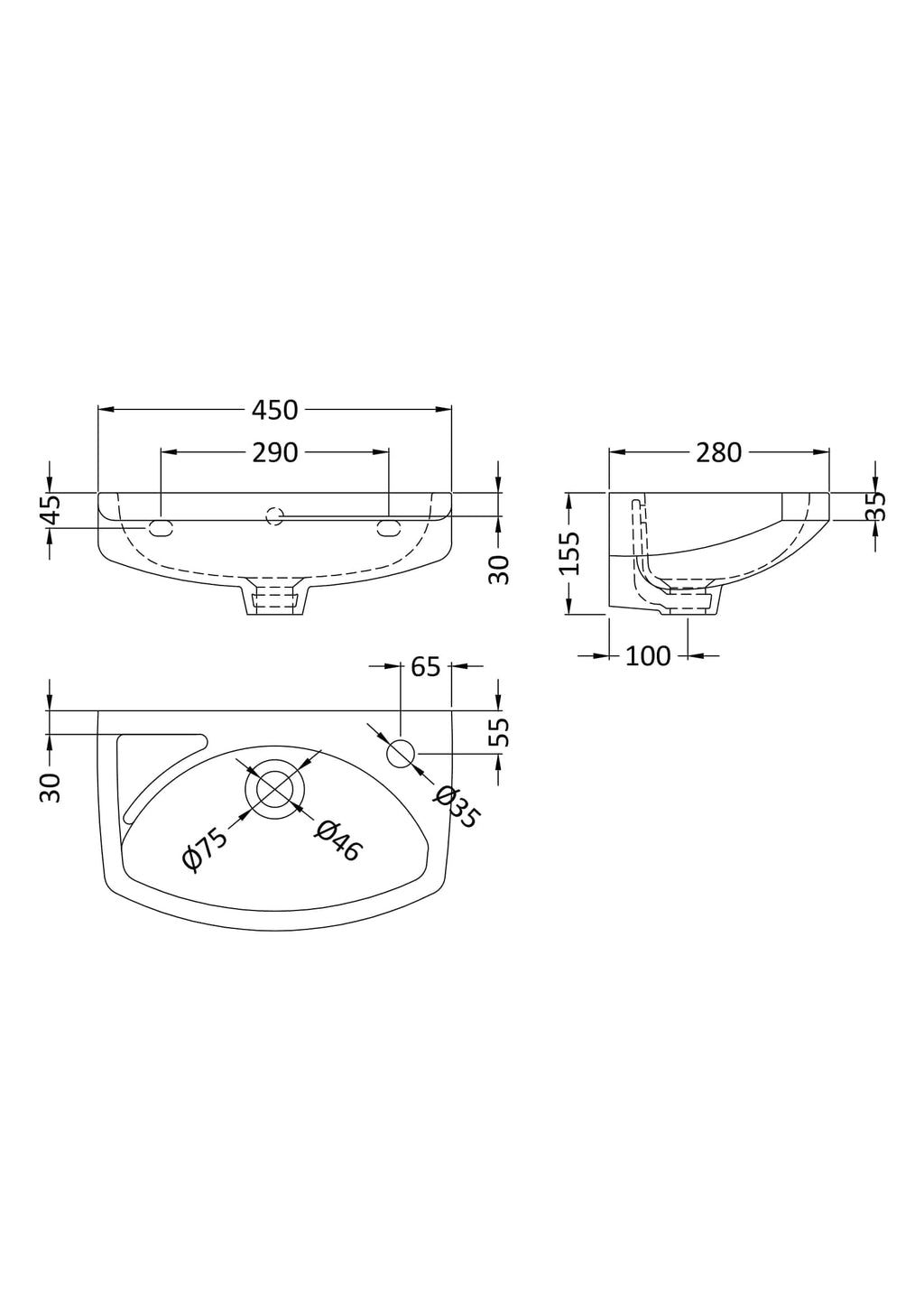 Sikh Bubbly Bathroom Basin with detailed technical drawing, measuring 450mm wide with 75mm drain, designed for modern bathroom interiors. Perfect for stylish and functional bathroom upgrades.