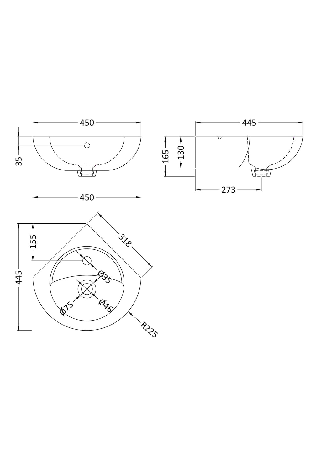 Oval bathroom basin technical drawing with detailed measurements for installation. Perfect for modern bathroom design and plumbing specifications.