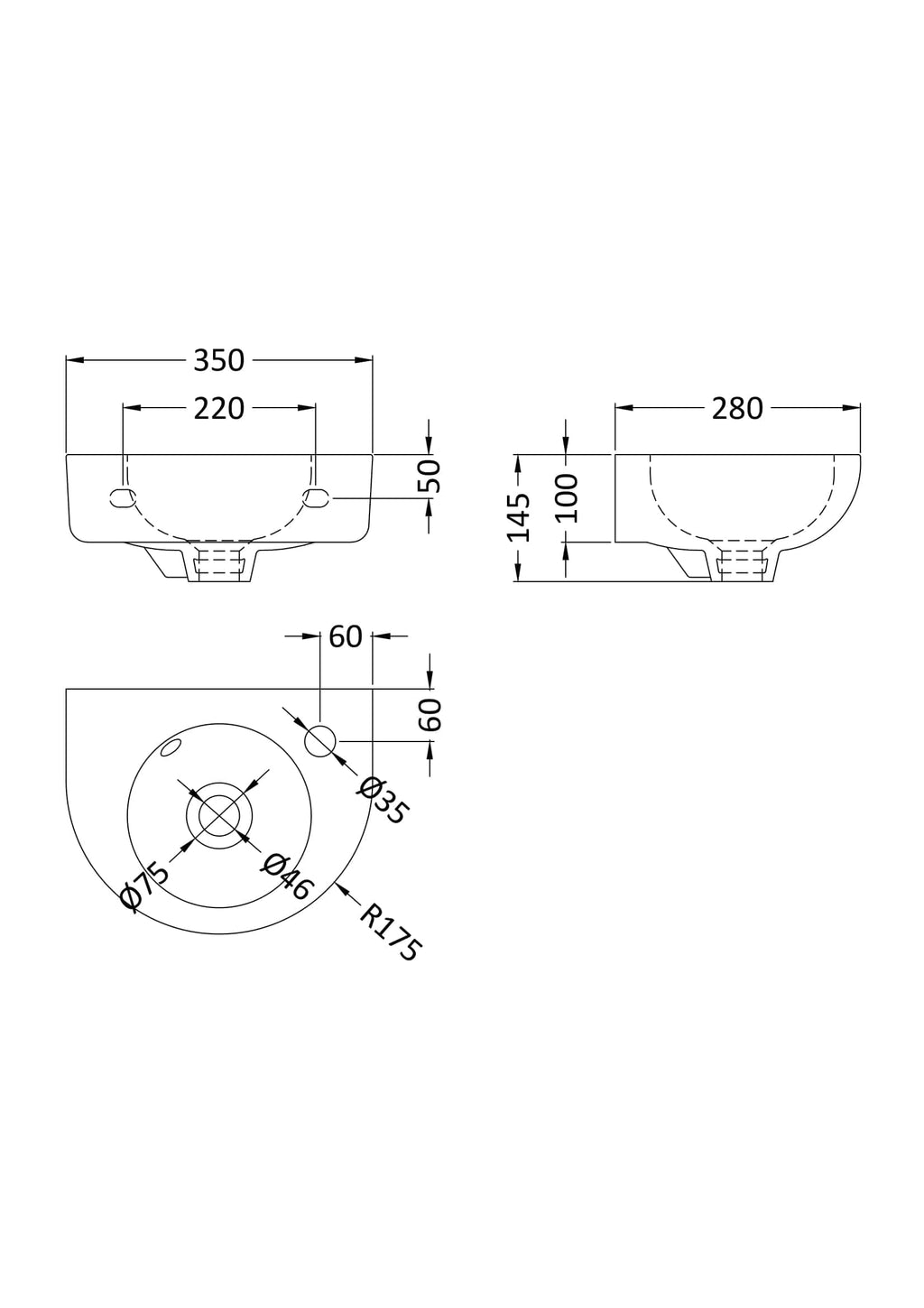 Elegant bathroom sink technical drawing with precise measurements, ideal for custom bathroom design and renovation projects. Showcasing dimensions for installation and plumbing connections.