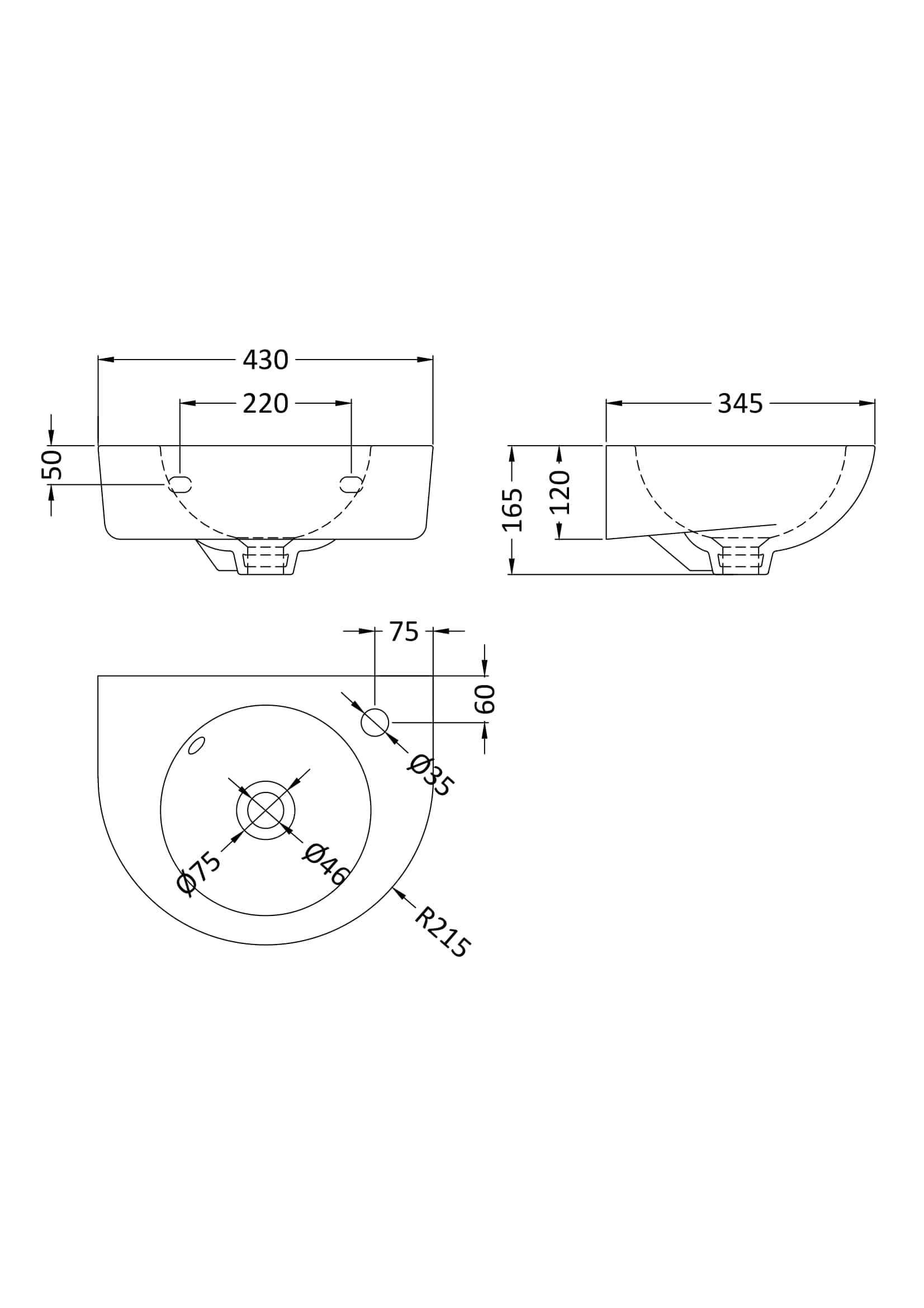 Sleek modern bathroom basin with detailed technical drawing, dimensions, and measurements for quality bathroom fixtures, ideal for residential or commercial bubly bathroom renovations.