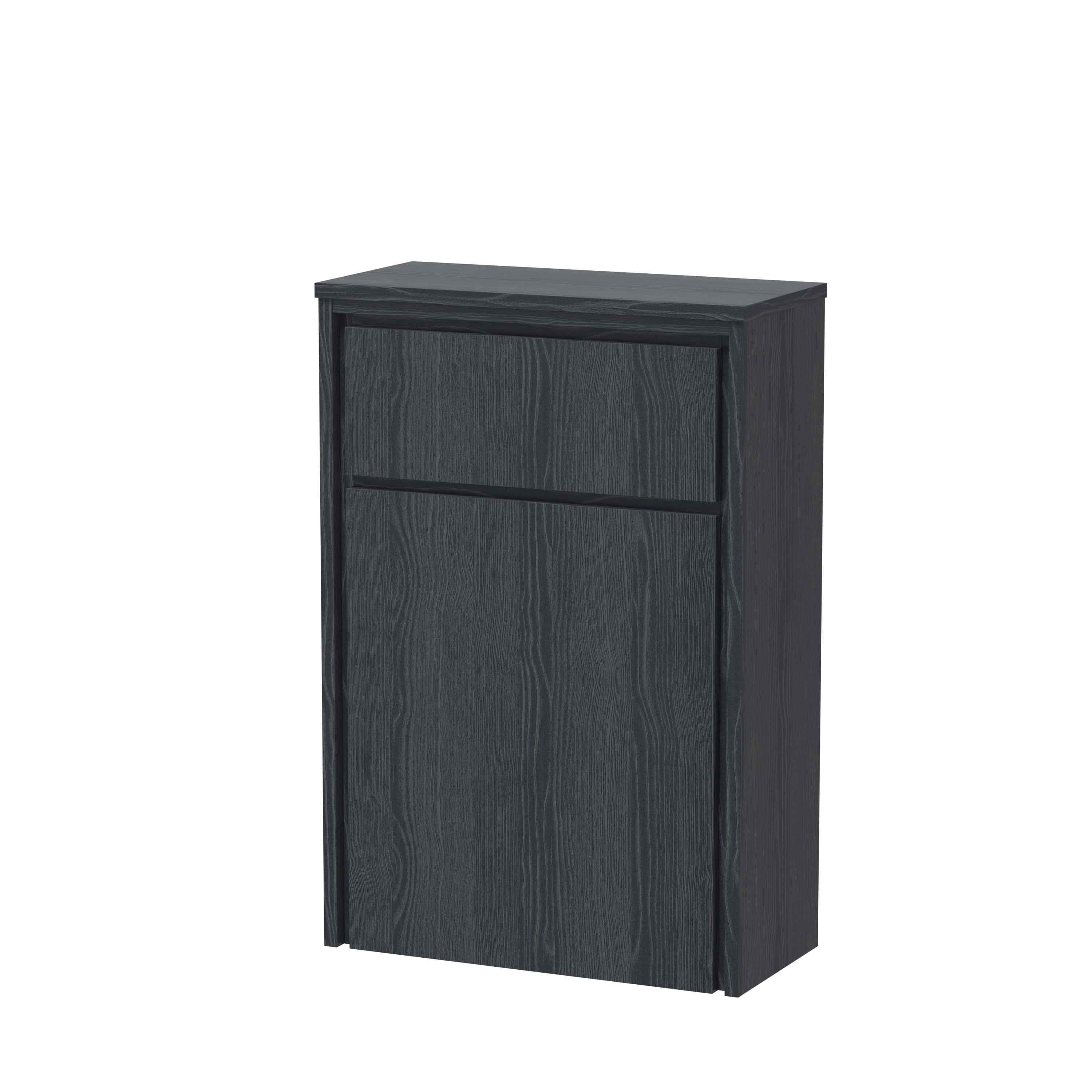 Modern black wooden bathroom cabinet with sleek design, ideal for bathroom storage and organisation, featuring durable construction and minimalist style.