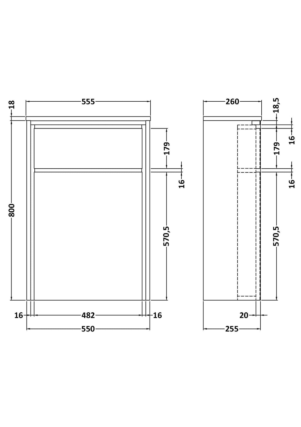 A technical blueprint of a bathroom cabinet with detailed measurements for seamless installation and design. Suitable for homeowners planning bathroom renovation or interior designers.