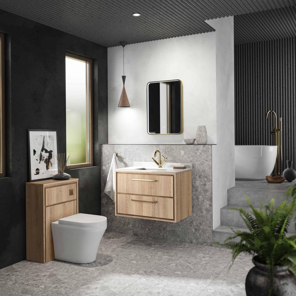 Sleek modern bathroom with wooden vanity, wall-mounted mirror, freestanding tub, and contemporary decor, featuring natural stone textures and minimalist design.