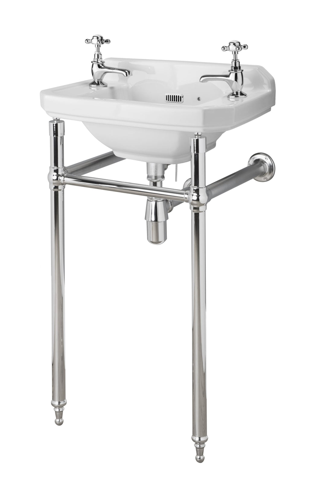 Polished stainless steel bathroom sink with taps on a chrome stand for traditional bathroom design.