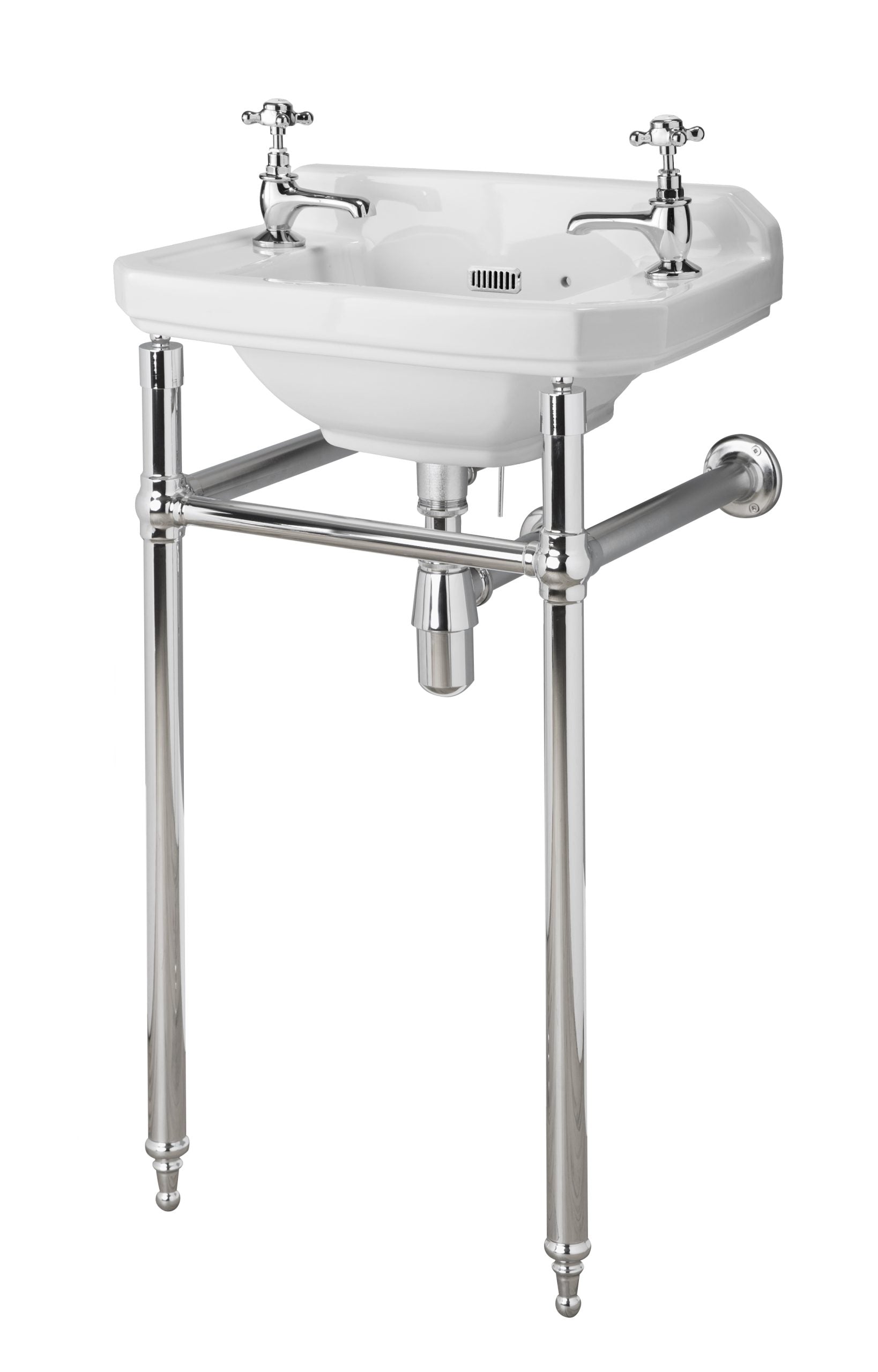 Polished stainless steel bathroom sink with taps on a chrome stand for traditional bathroom design.