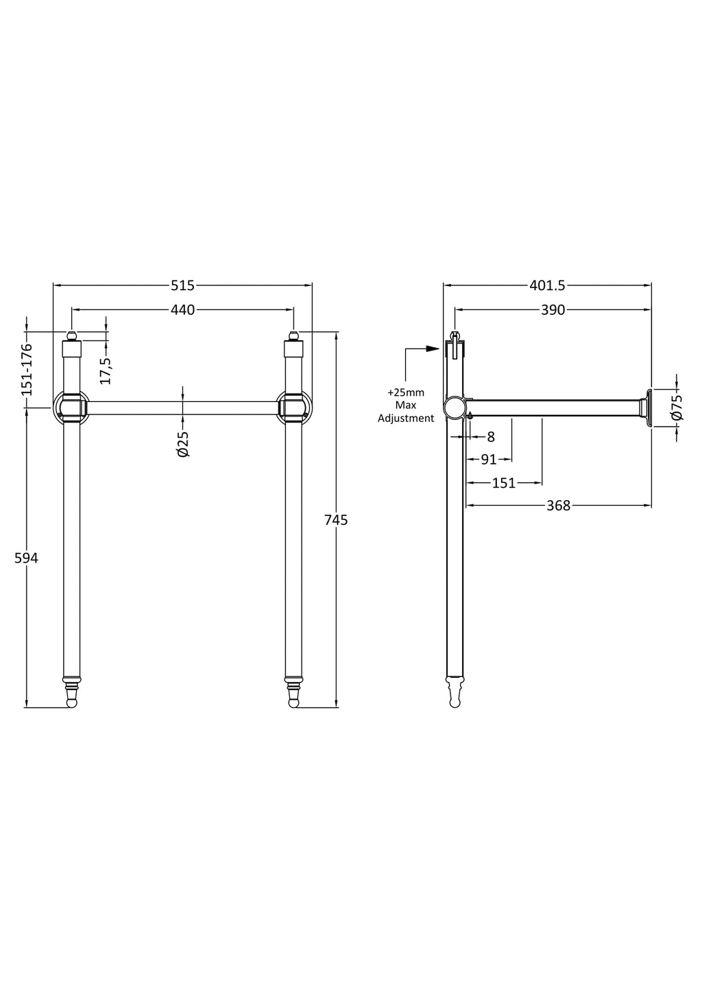 High-quality bathroom grab rails with detailed technical specifications, ideal for safe and accessible bathroom design, ensuring durability and safety in modern bathrooms.