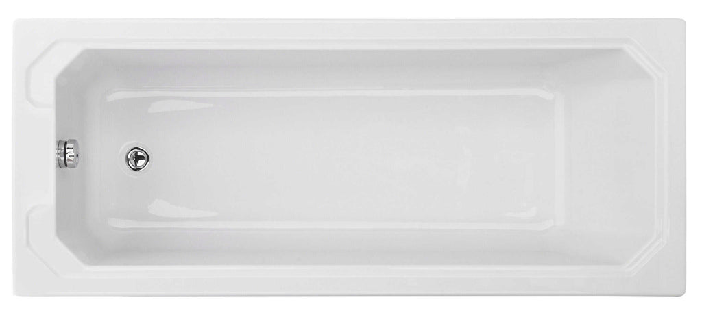 Sleek white rectangular bathtub with modern design, durable acrylic finish, and chrome overflow and drain, ideal for luxurious bathroom remodels and relaxation.