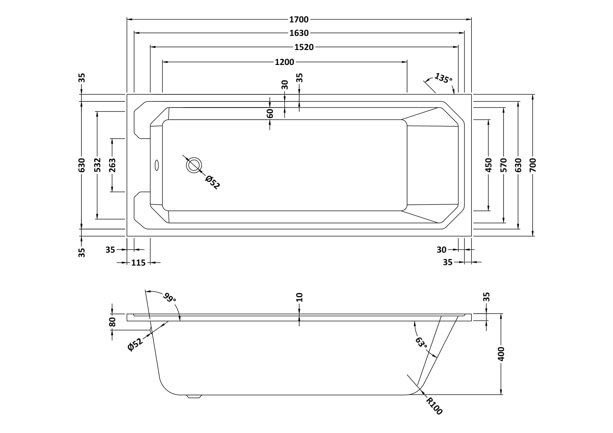 Schematic of a modern rectangular bathtub with detailed measurements for bathroom renovation and installation projects.