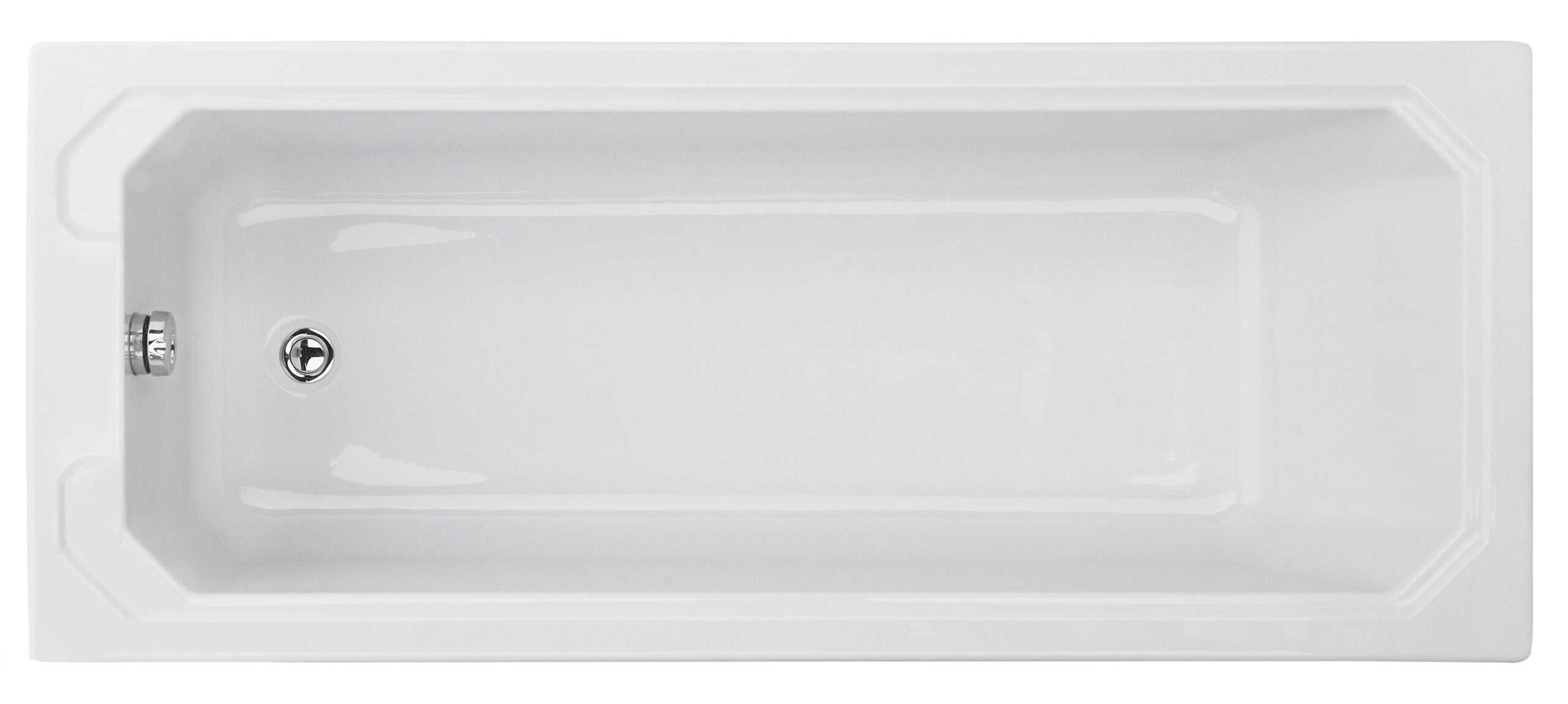 Sleek white rectangular bathtub with built-in drain and chrome fixtures, ideal for modern bathroom renovations and relaxing baths.