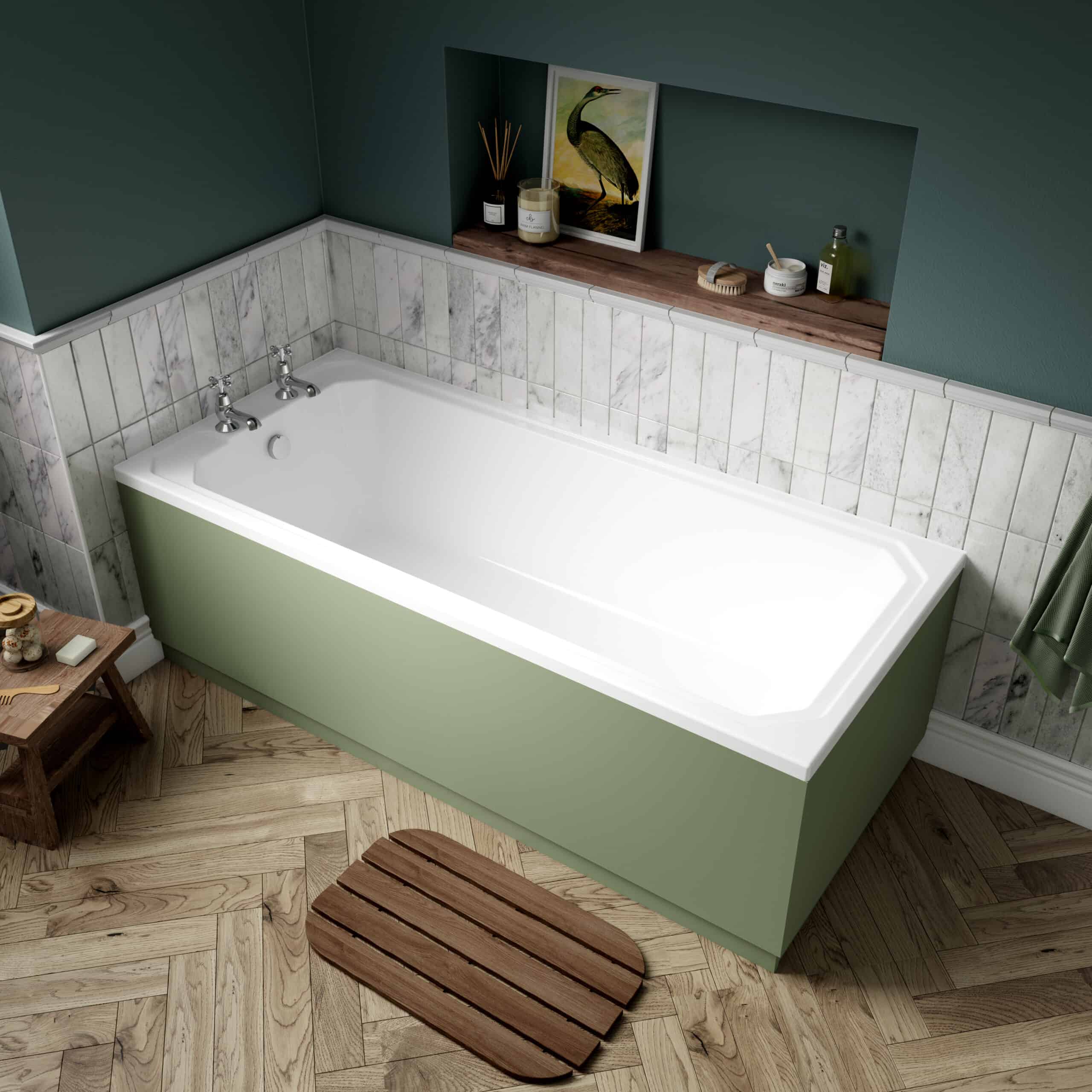 Luxurious freestanding bathtub with a soft green exterior, set in a modern bathroom with marble tiling and wooden accents for a stylish and relaxing bathing experience.