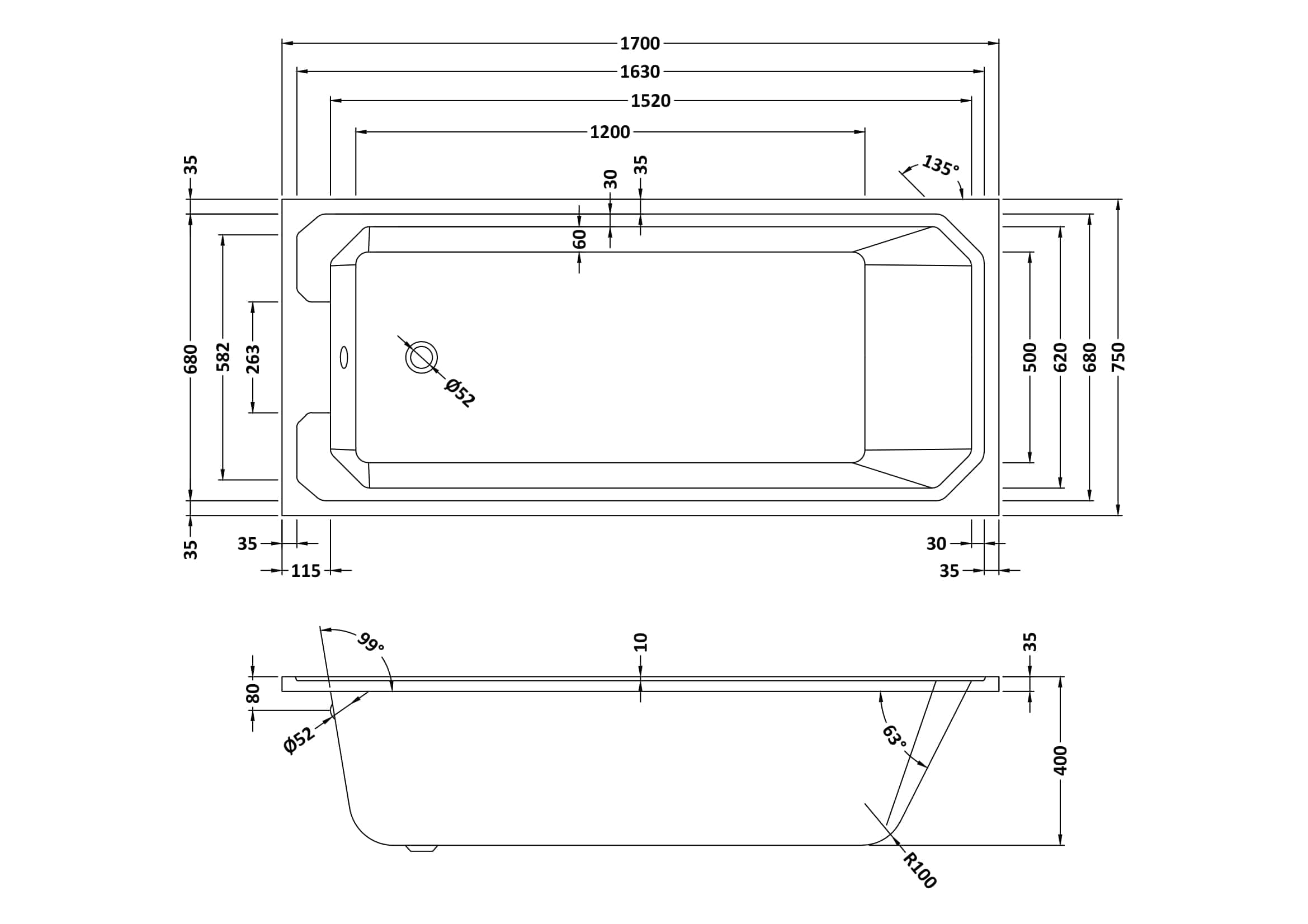 Sleek modern bathtub with detailed technical dimensions, ideal for luxury bathroom renovation and contemporary bath design.