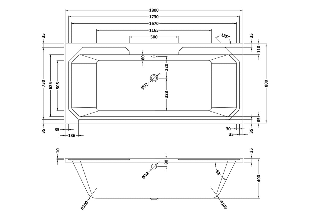 Luxurious built-in bathtub with precise dimensions and ergonomic design, perfect for modern bathrooms seeking comfort and style. Includes detailed technical drawing for installation.