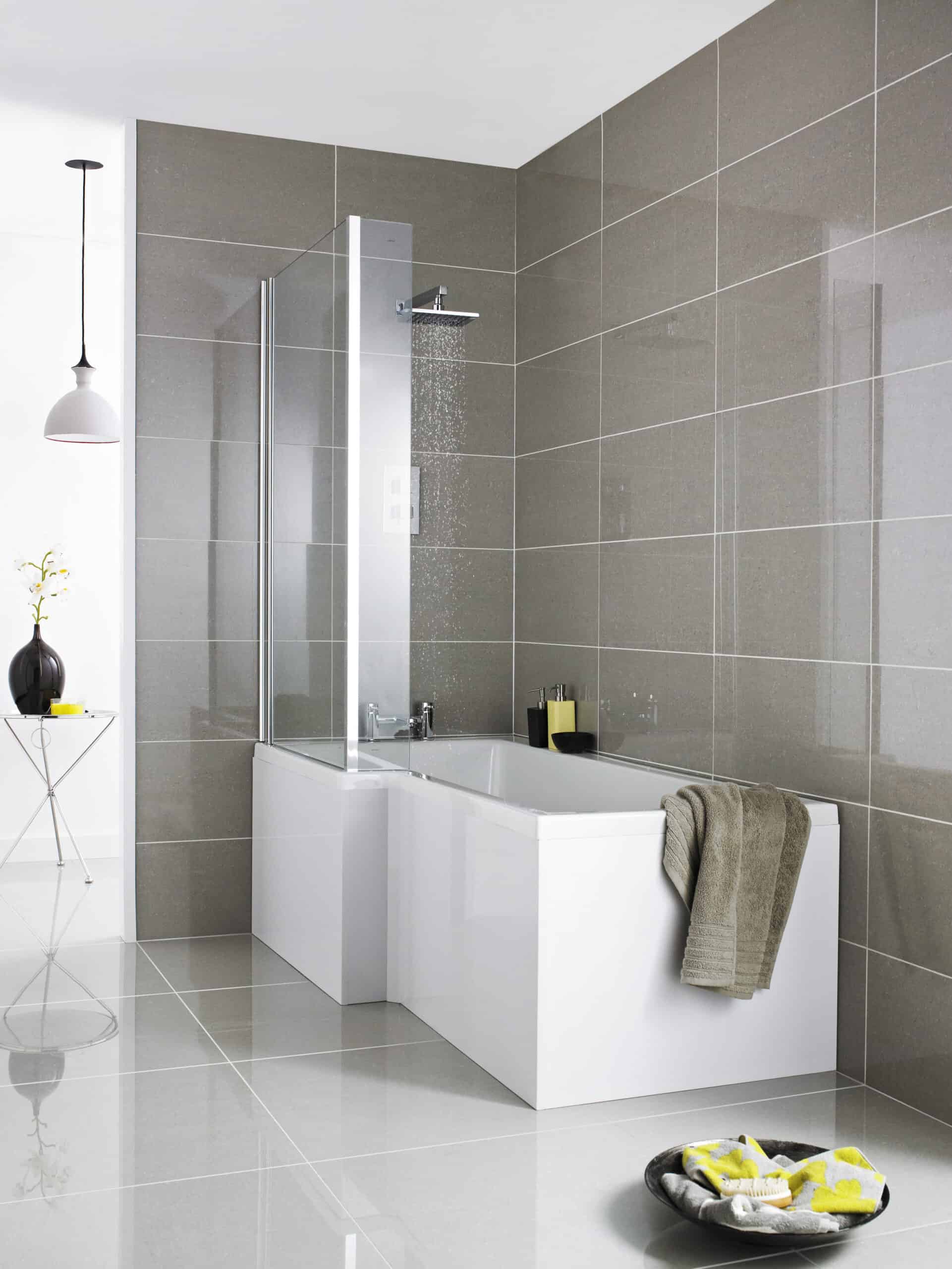 Sleek modern bathroom with walk-in shower and bathtub featuring clean lines, grey tiles, and contemporary fixtures, ideal for stylish bathroom renovation or bathroom design projects.