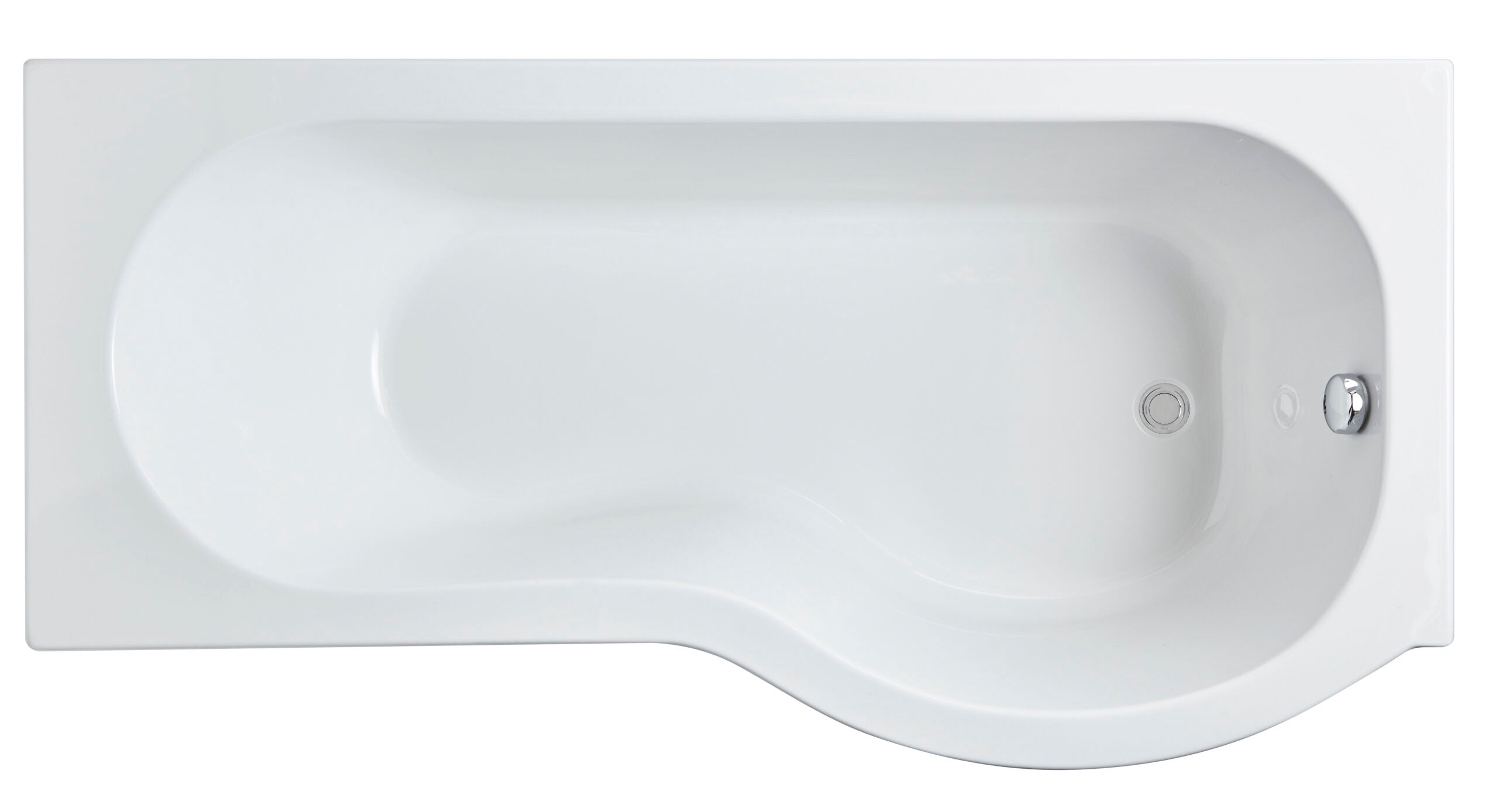 Sleek white rectangular bathtub with curved interior for comfortable bathing, featuring chrome drain and overflow fittings, perfect for modern bathroom designs.