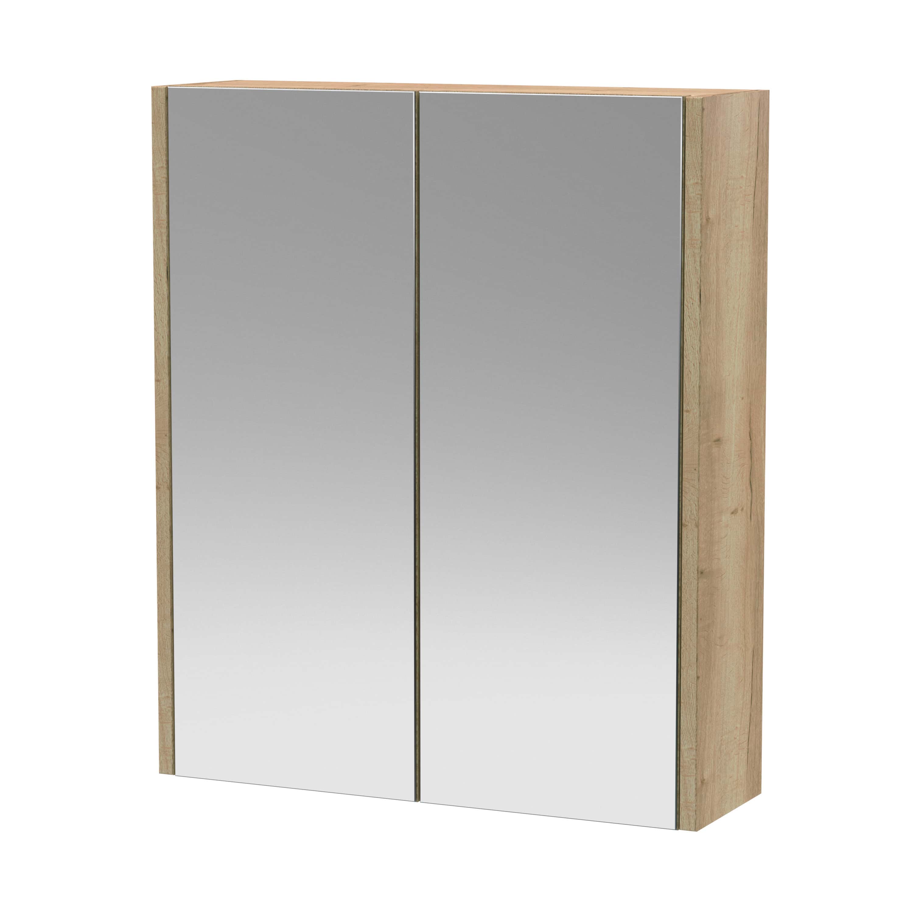 Sharpened natural wood bathroom cabinet with mirrored doors, modern and stylish storage solution for contemporary bathrooms. Perfect for organising toiletries and enhancing your bathroom decor.