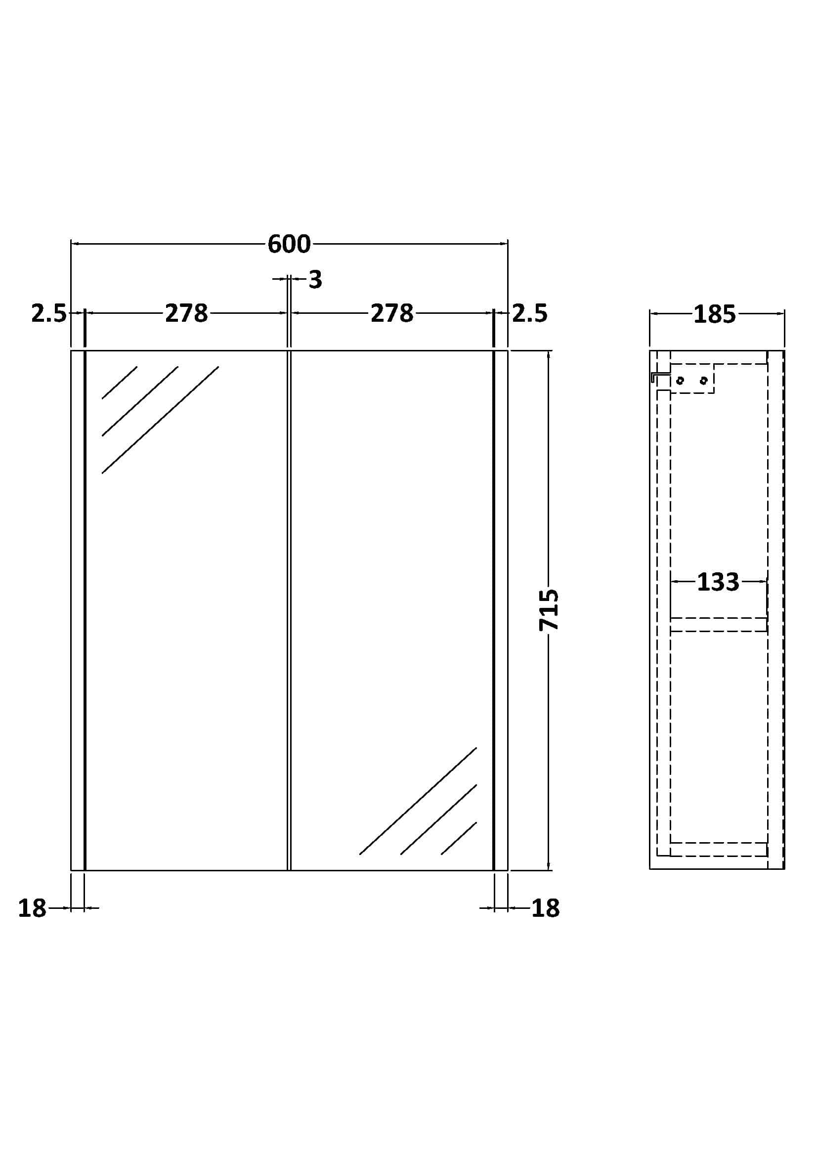 Dimensions diagram of a modern bathroom mirror cabinet with measurements for installation and design, showcasing sleek, functional storage solutions for stylish bathroom decor.