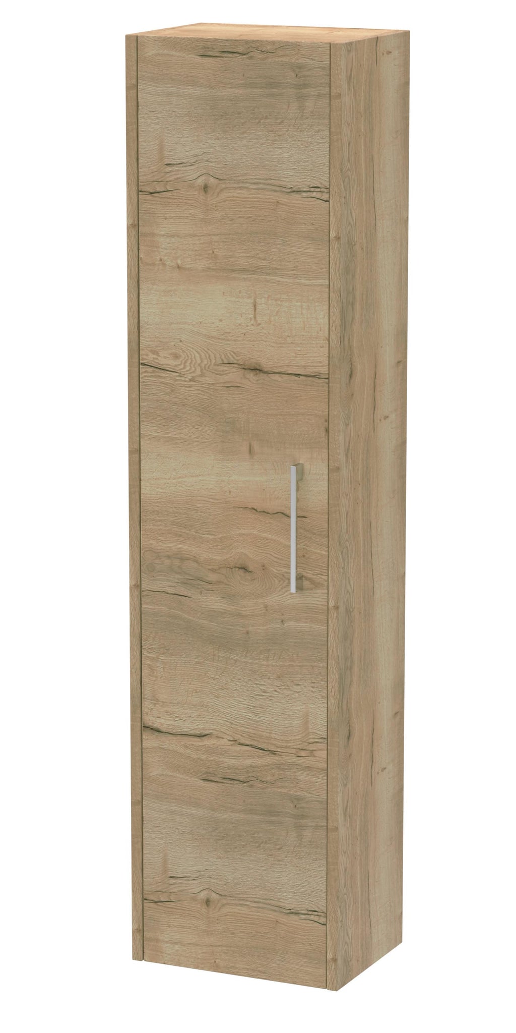 Natural oak bathroom storage cabinet with sleek metallic handle, designed for modern Bubly bathrooms. Stylish and functional for bathroom organisation.