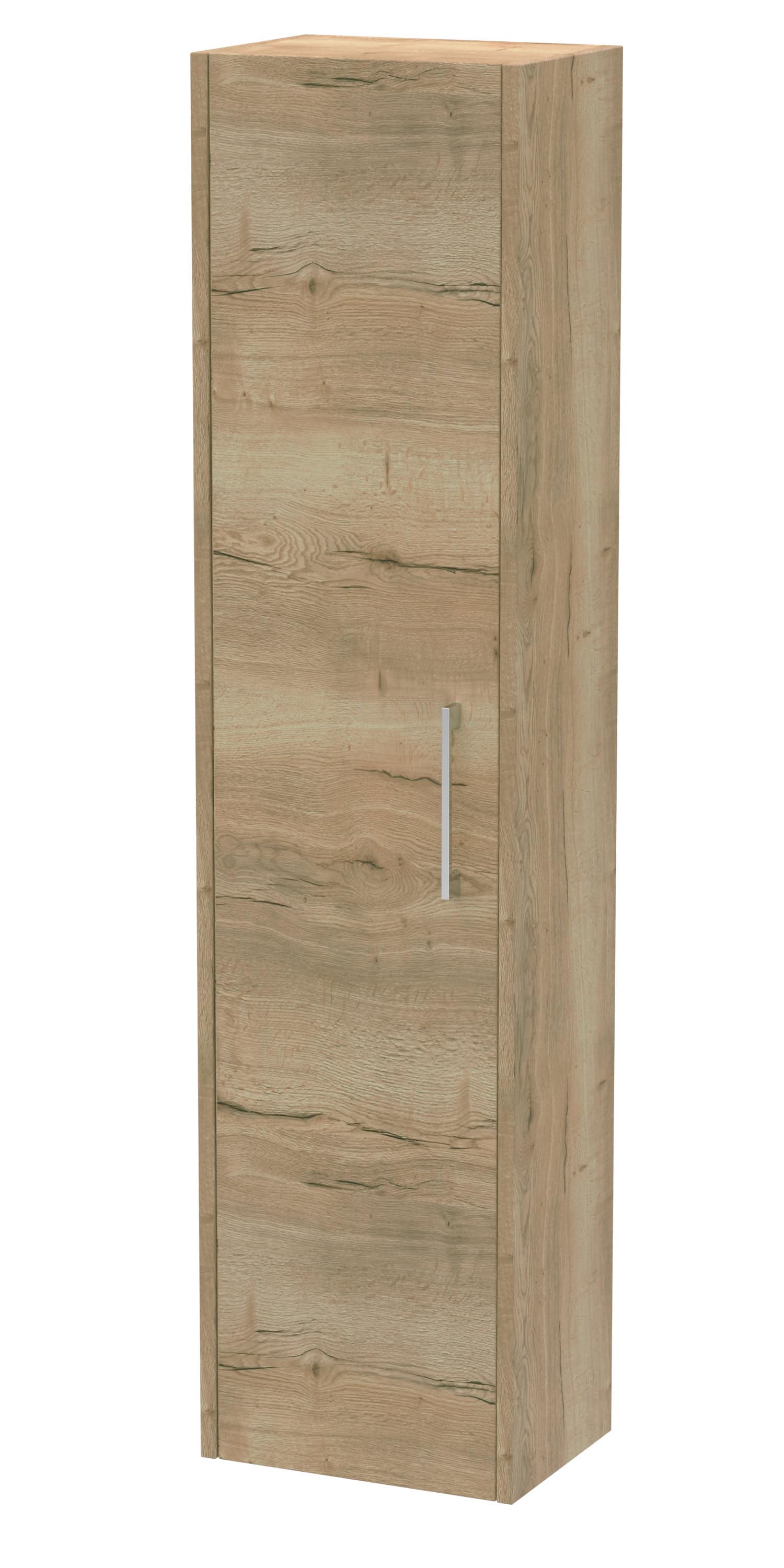 Natural oak bathroom storage cabinet with sleek metallic handle, designed for modern Bubly bathrooms. Stylish and functional for bathroom organisation.