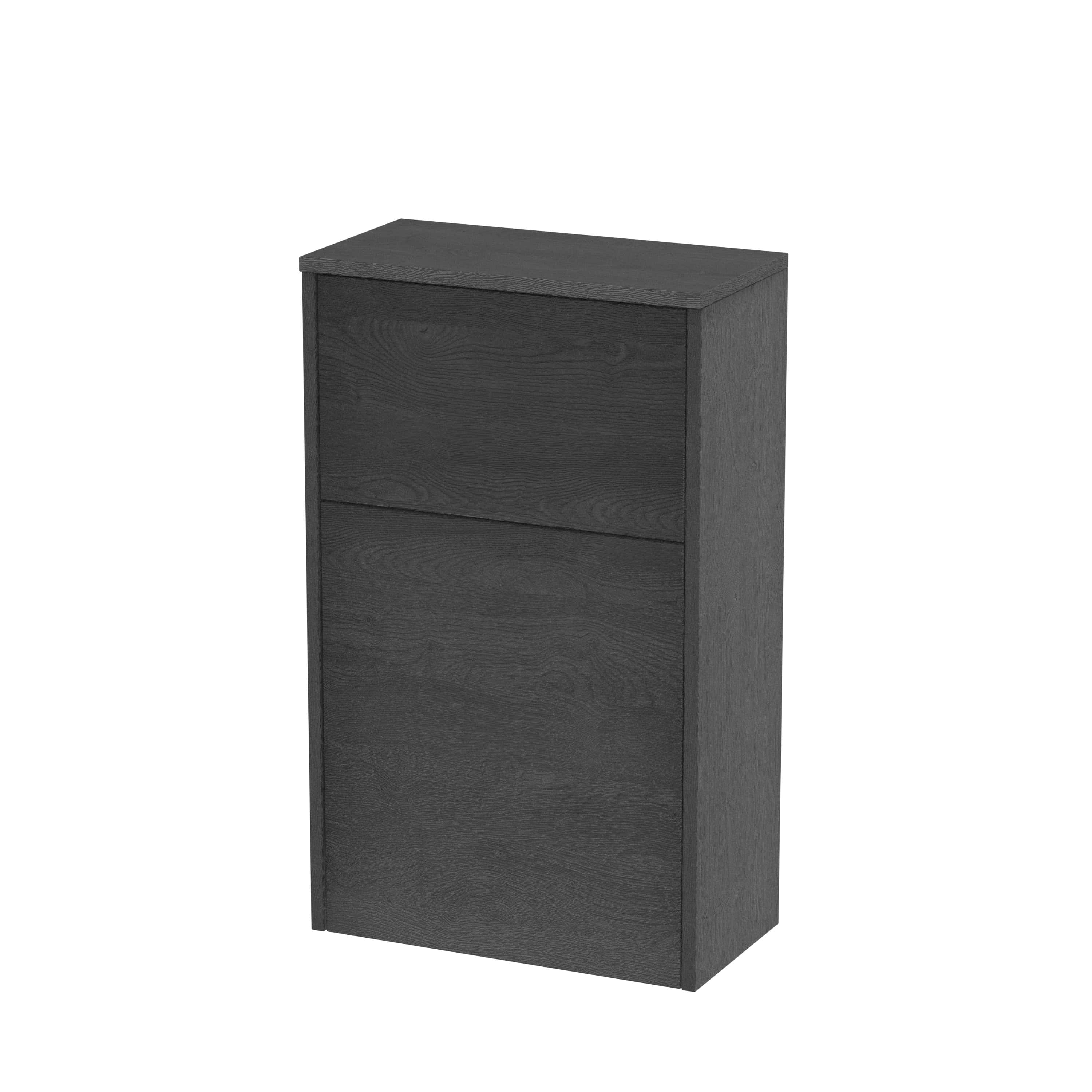 Slim black wooden bathroom cabinet with two drawers, modern storage solution for contemporary bathrooms. Ideal for organising toiletries and bathroom essentials with style.