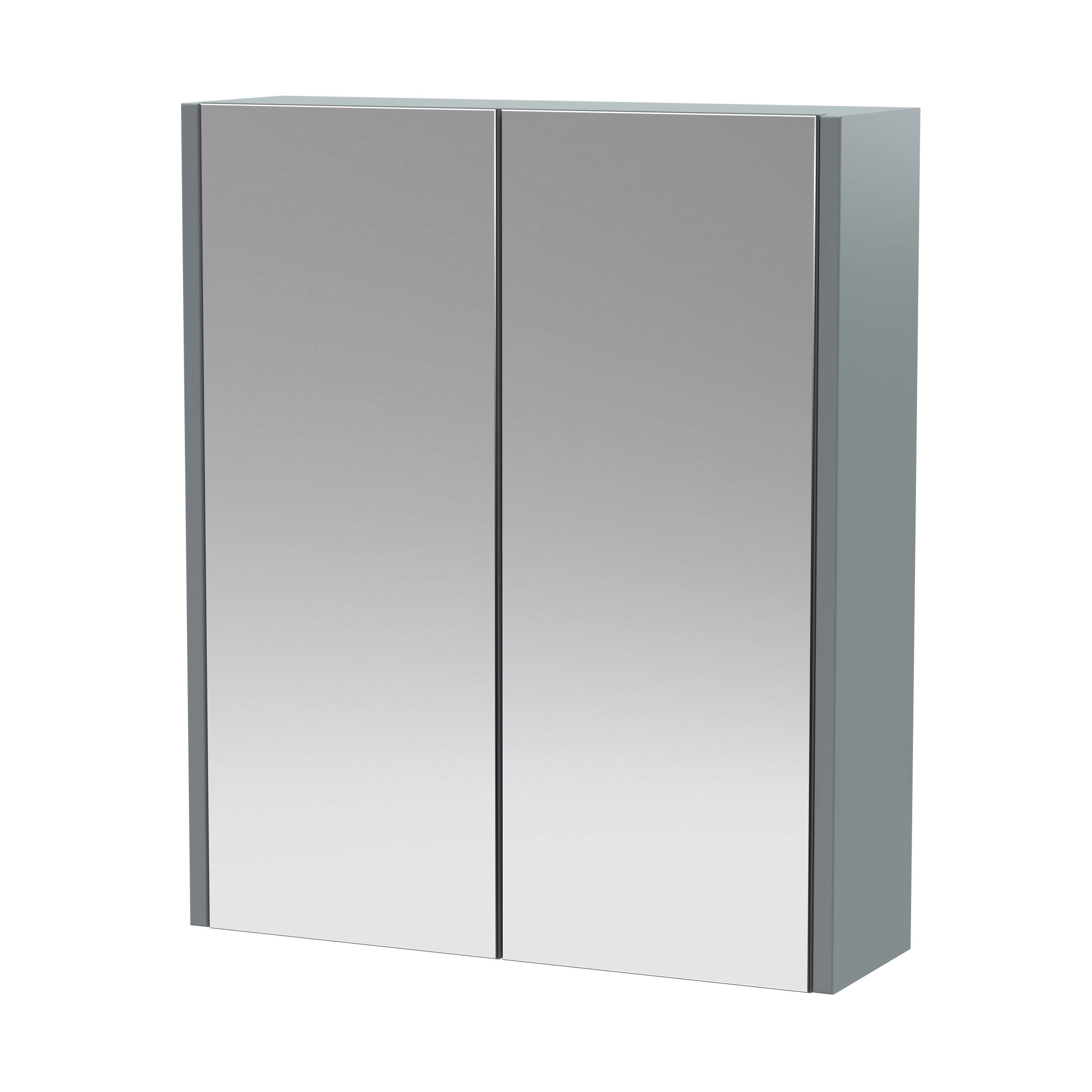Elegant grey bathroom storage cabinet with mirrored doors, ideal for modern bathrooms, offering ample space for toiletries and accessories, blending functionality with sleek design.
