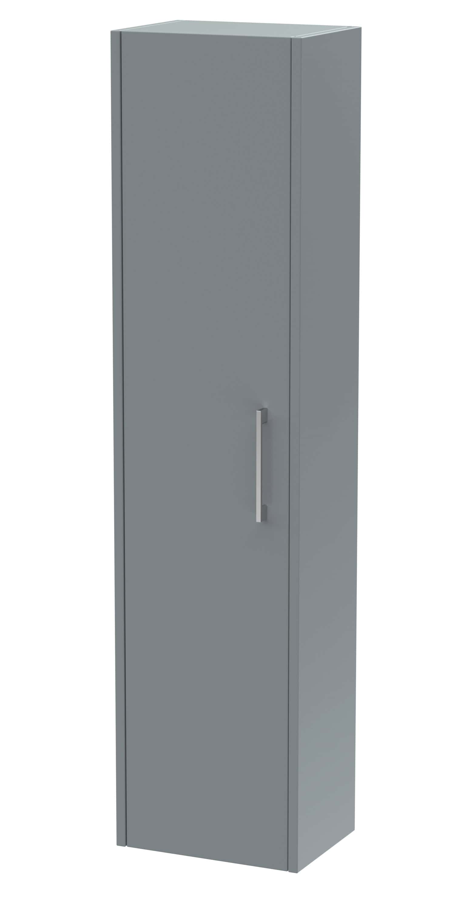 Modern grey bathroom storage cabinet with sleek silver handle, ideal for stylish and functional bathroom storage solutions. Perfect for organising toiletries and cleaning supplies.