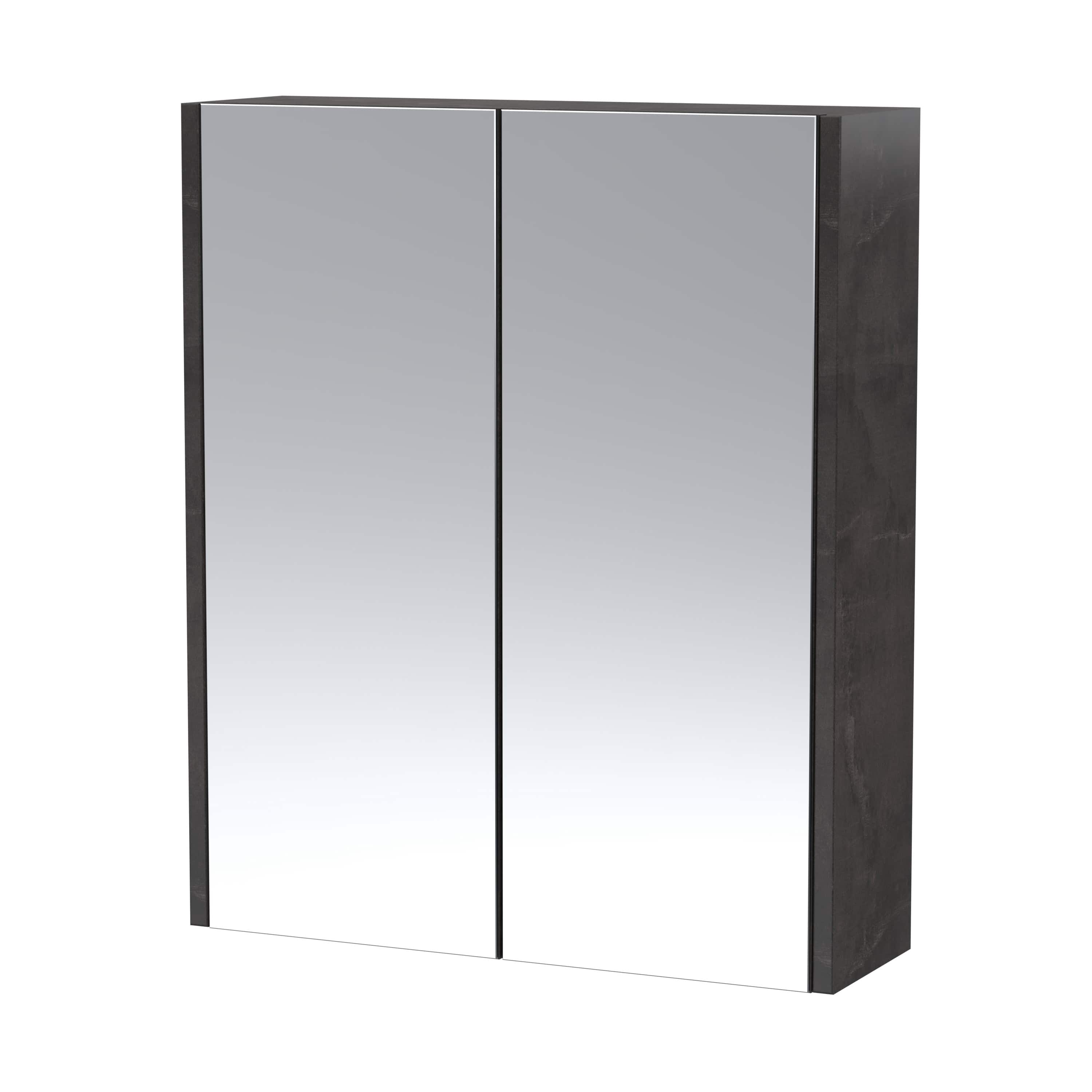 Mirror bathroom cabinet with black frame and mirrored doors, ideal for modern bathrooms, offering both style and functional storage. Perfect for bathroom decor and organisation.