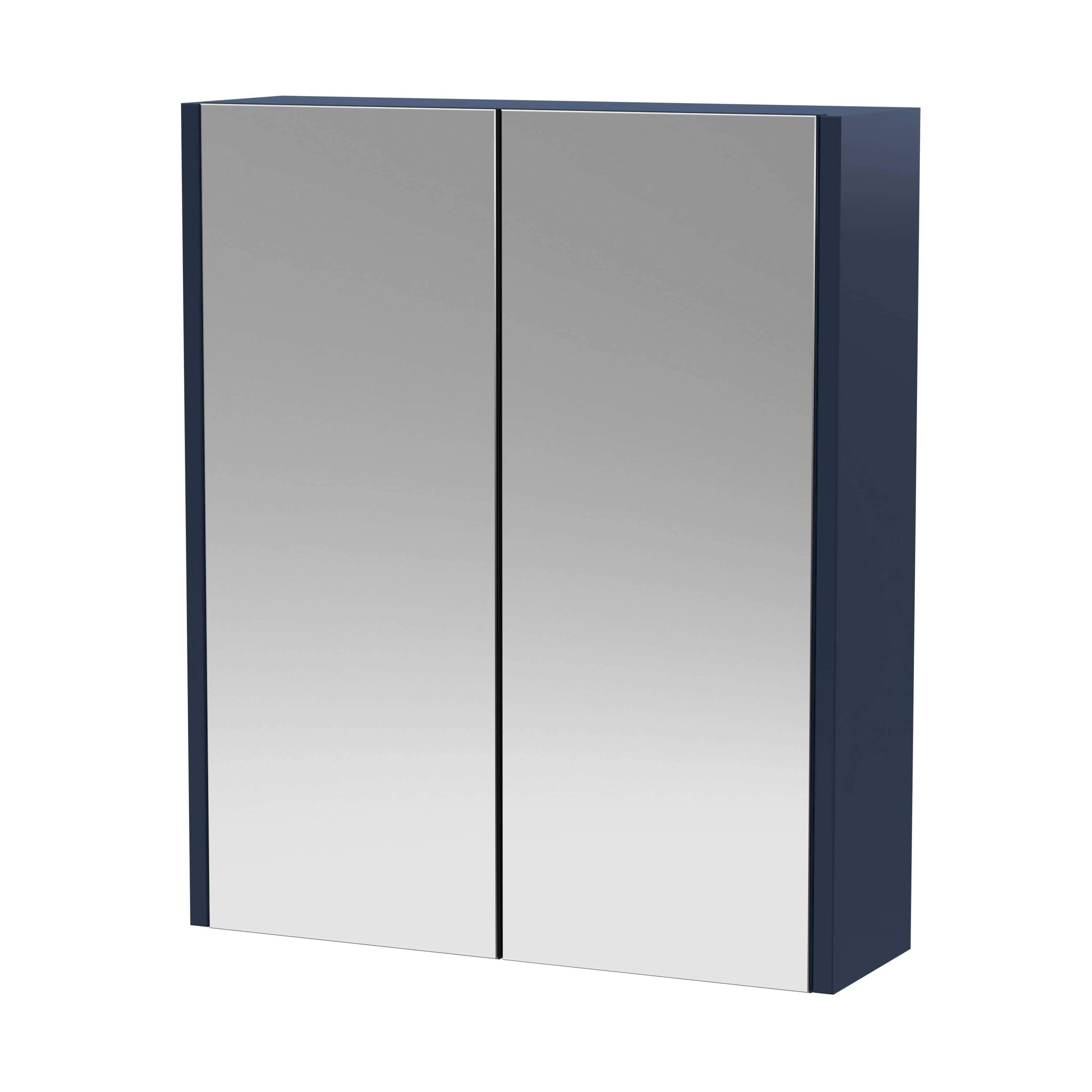 Modern bathroom storage cabinet with mirrored doors in navy blue and grey, ideal for organising toiletries and creating a sleek, contemporary bathroom look.