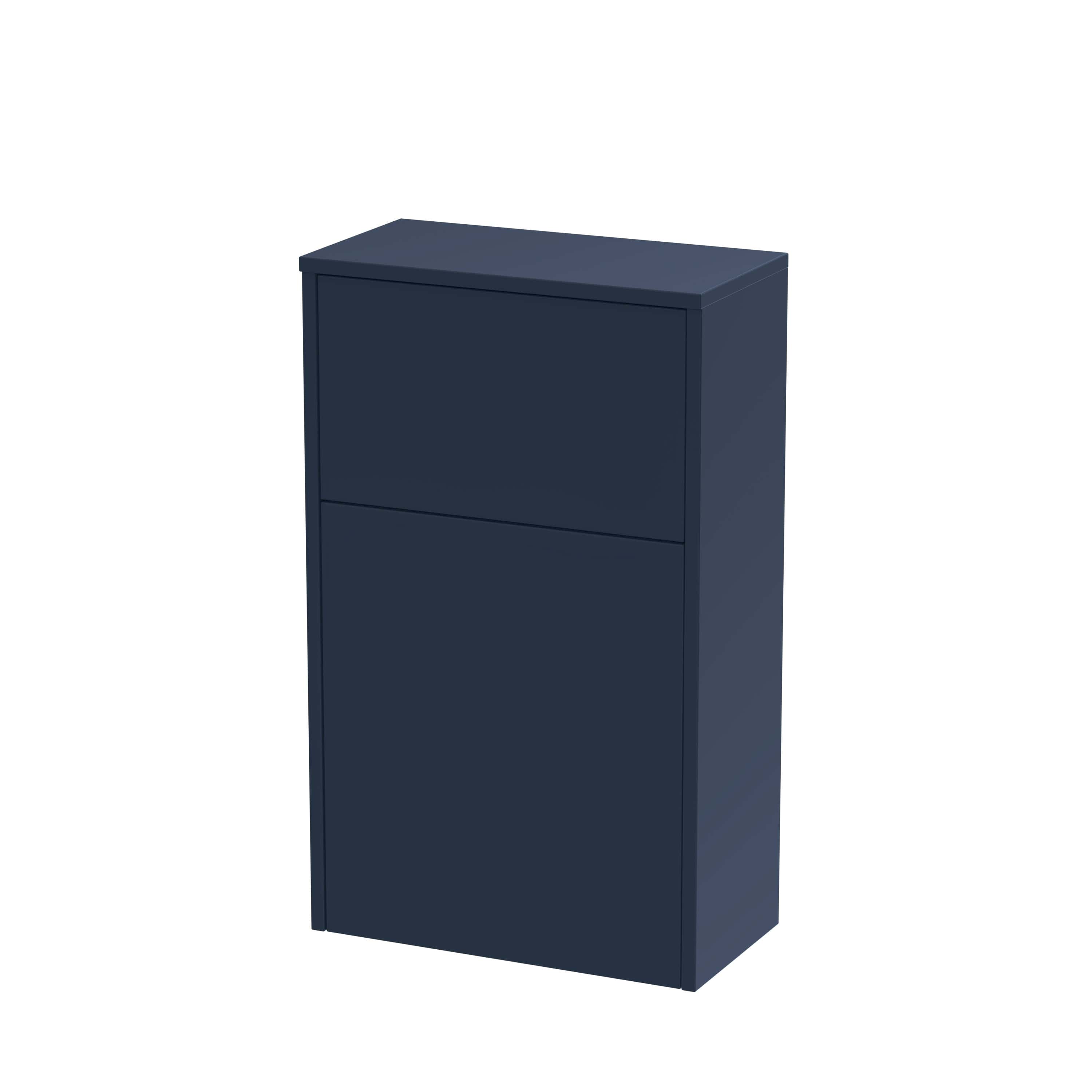 Modern navy blue bathroom storage cabinet with two drawers, sleek design, ideal for providing stylish organisation in contemporary bathrooms. Perfect for towels and toiletries.