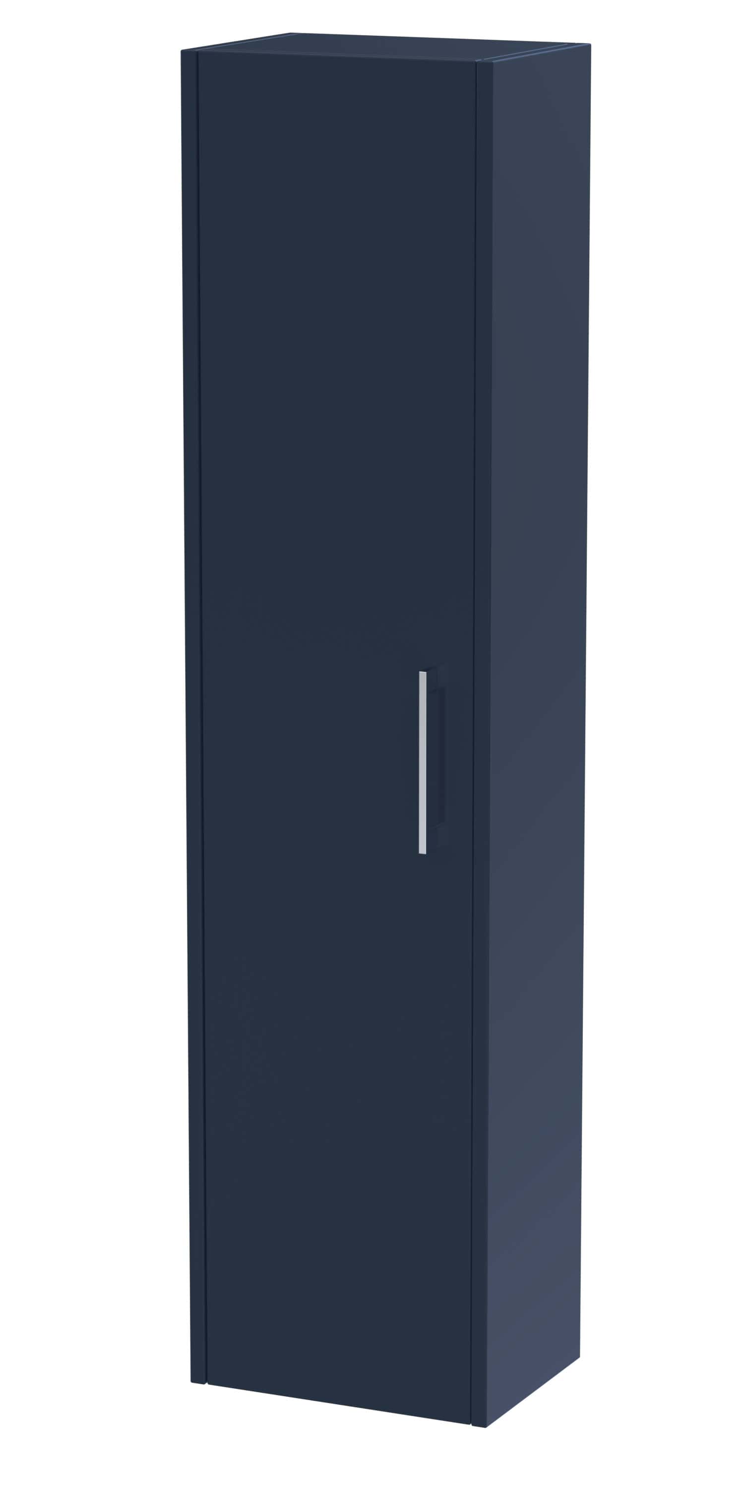 Lockable navy blue bathroom storage cabinet with sleek silver handle for modern bathroom organisation.