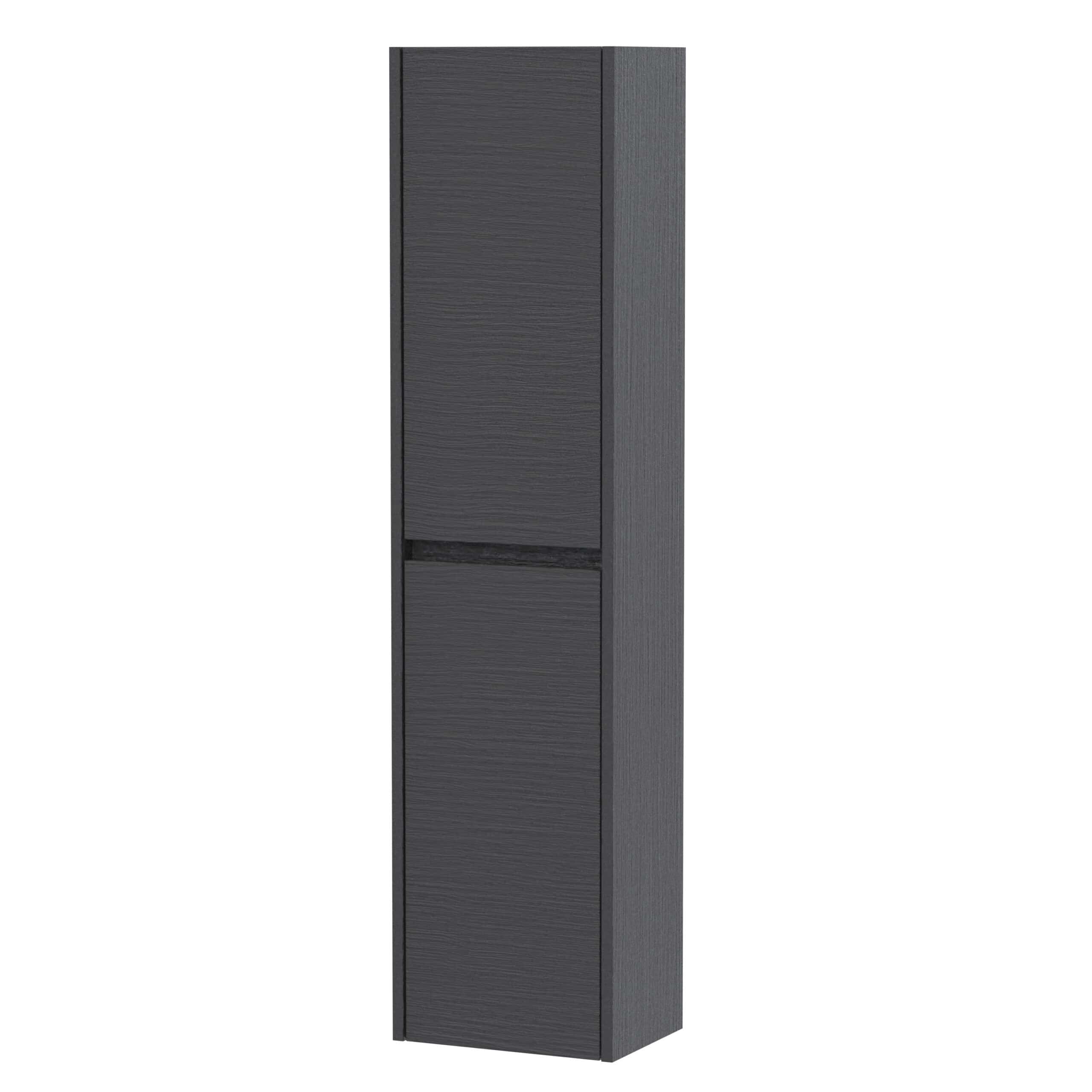 Modern black bathroom storage cabinet with sleek finish, ideal for contemporary bathrooms, offering available vertical space for toiletries and essentials.