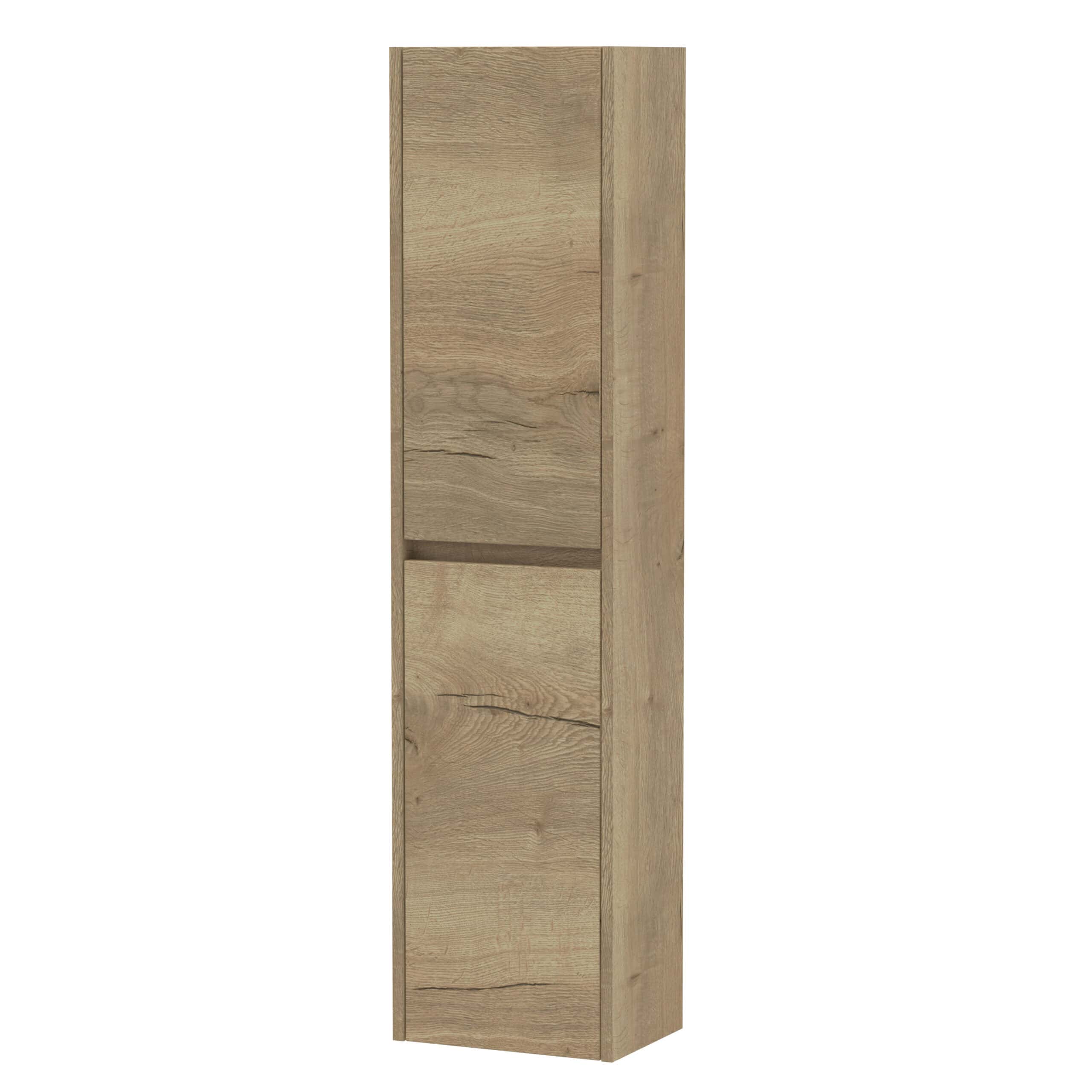 Warm wood effect bathroom storage cabinet for modern Bubly bathrooms, offering stylish organisation solutions and durable construction for contemporary bathrooms.