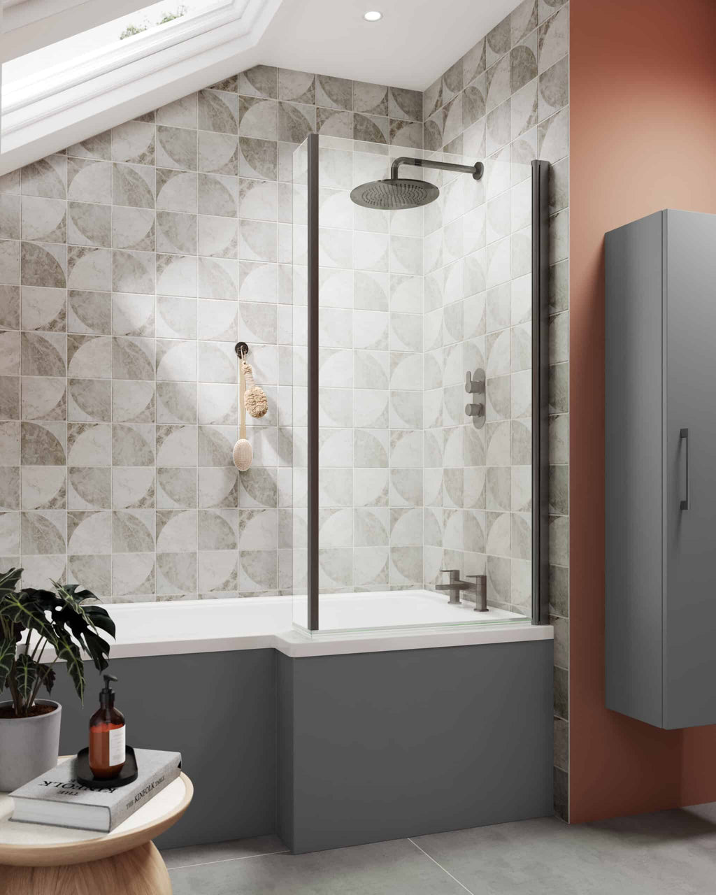 Modern grey bathroom with walk-in shower, geometric tile wall, and sleek fixtures, featuring modern bathroom design ideas and elegant grey tones for stylish bathroom renovations.