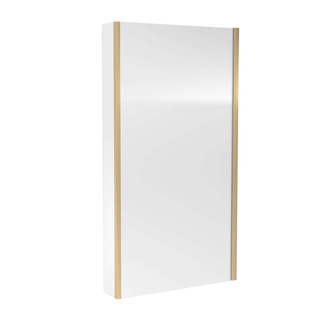 Sleek white bathroom mirror with wooden frame and aluminium side trims, ideal for modern bathroom decor and vanity setups.