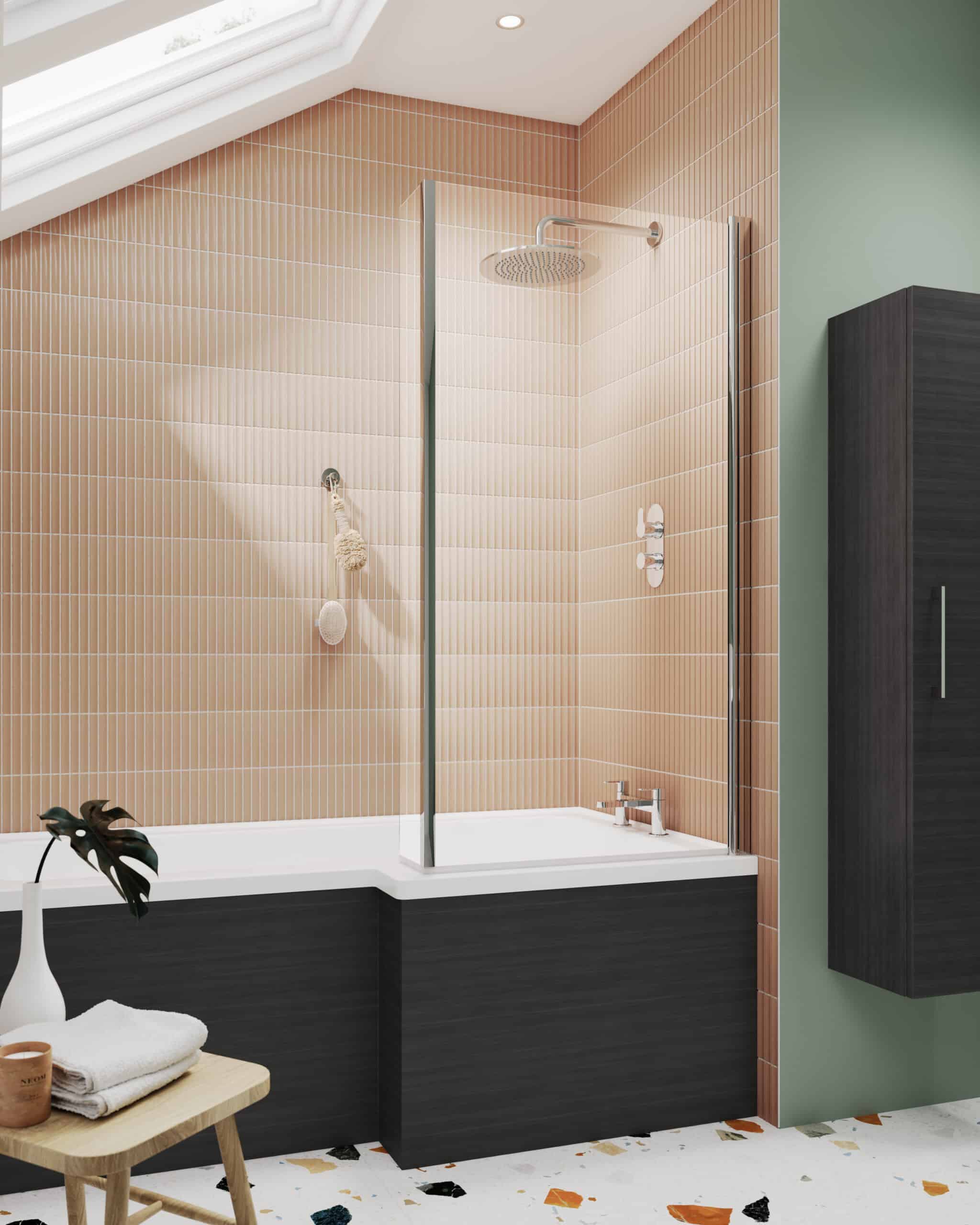 Shower enclosure with beige tile walls and black bath panel, modern bathroom design, rainfall showerhead, glass partition, minimalist style, eco-friendly bathroom fixtures, trendy bathroom decor, luxury bathroom interior, contemporary bathing space, bubly bathrooms UK.