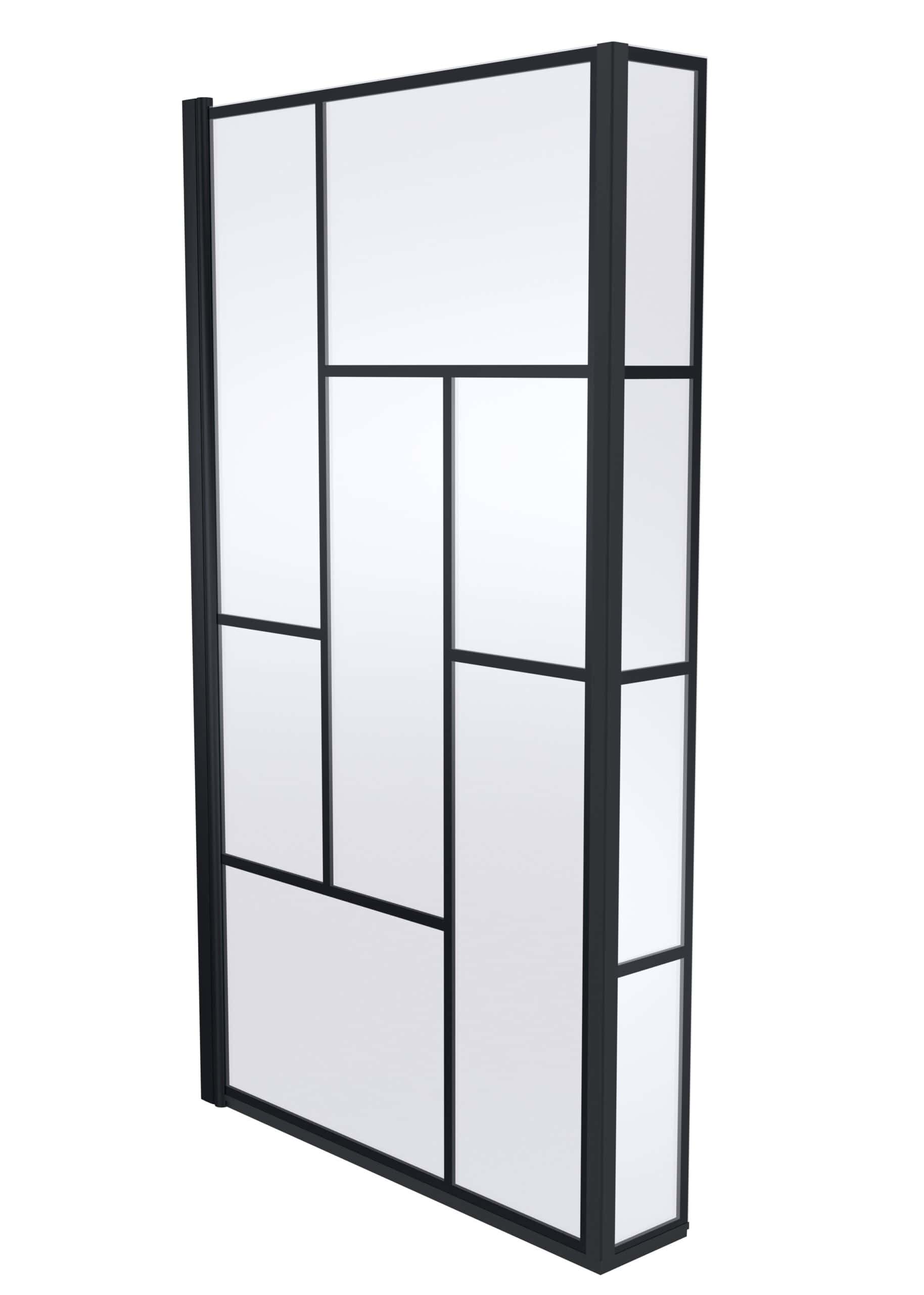 Modern black-framed shower screen with clear glass panels, ideal for contemporary bathroom designs. Stylish and functional shower enclosure from Bubly Bathrooms.