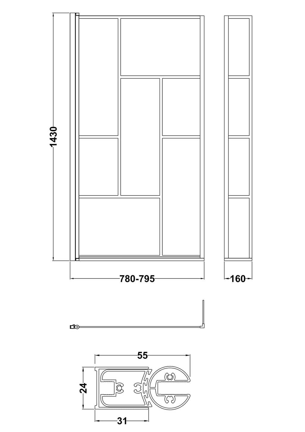 Seamless bathroom glass partition with adjustable width and sleek aluminium frame, ideal for modern bathrooms.