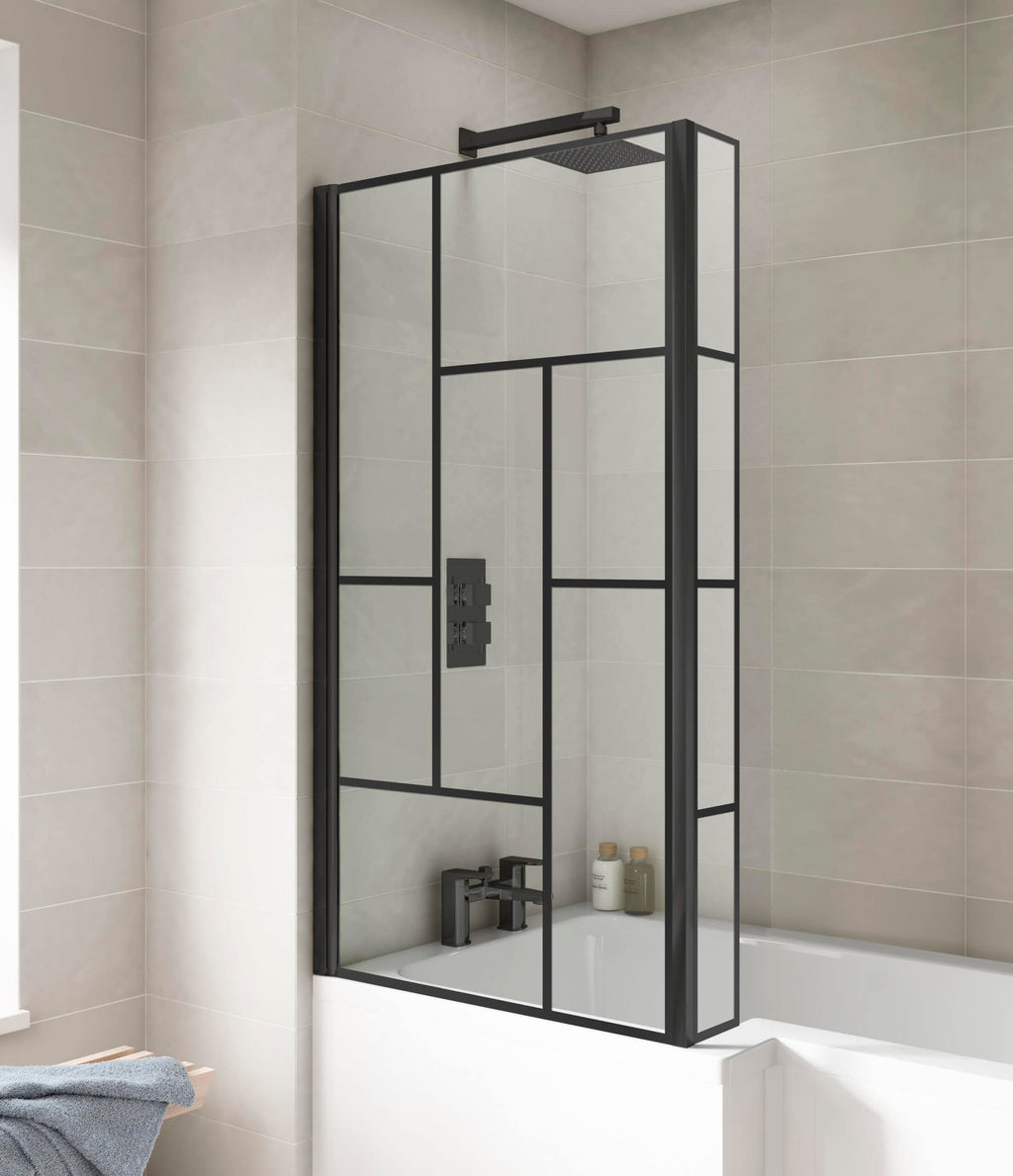 Sleek black-framed shower screen in modern bathroom with neutral tile walls, designed for stylish and functional bathroom renovation or upgrade.