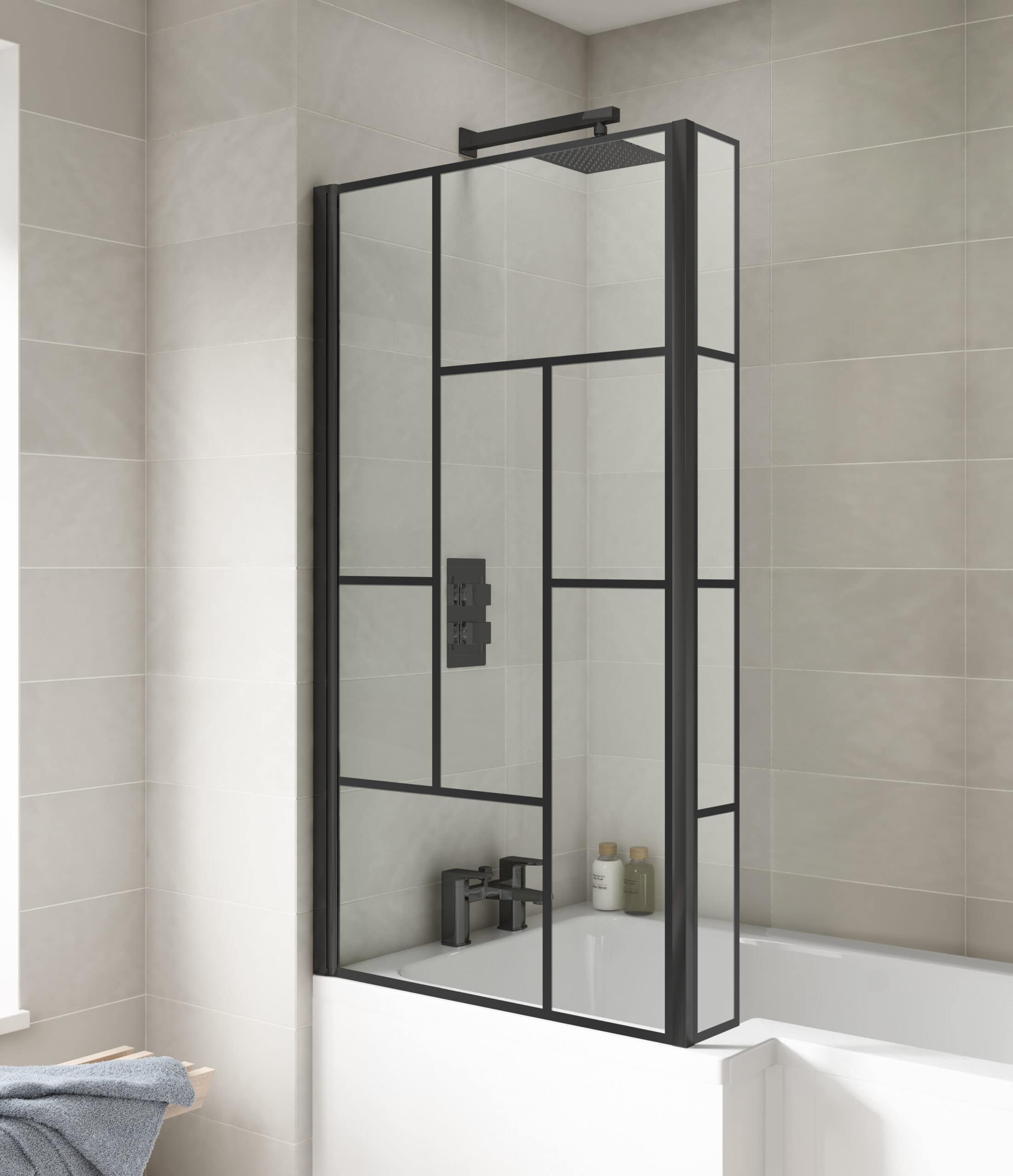 Sleek black-framed shower screen in modern bathroom with neutral tile walls, designed for stylish and functional bathroom renovation or upgrade.