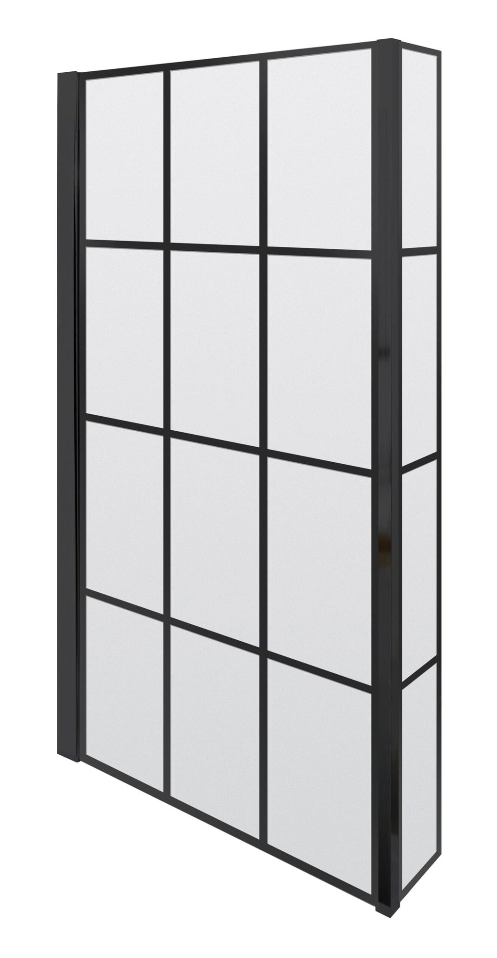 Black-framed shower screen with frosted glass panels, ideal for modern bathrooms, providing a stylish and functional shower enclosure for a sleek bathroom look.