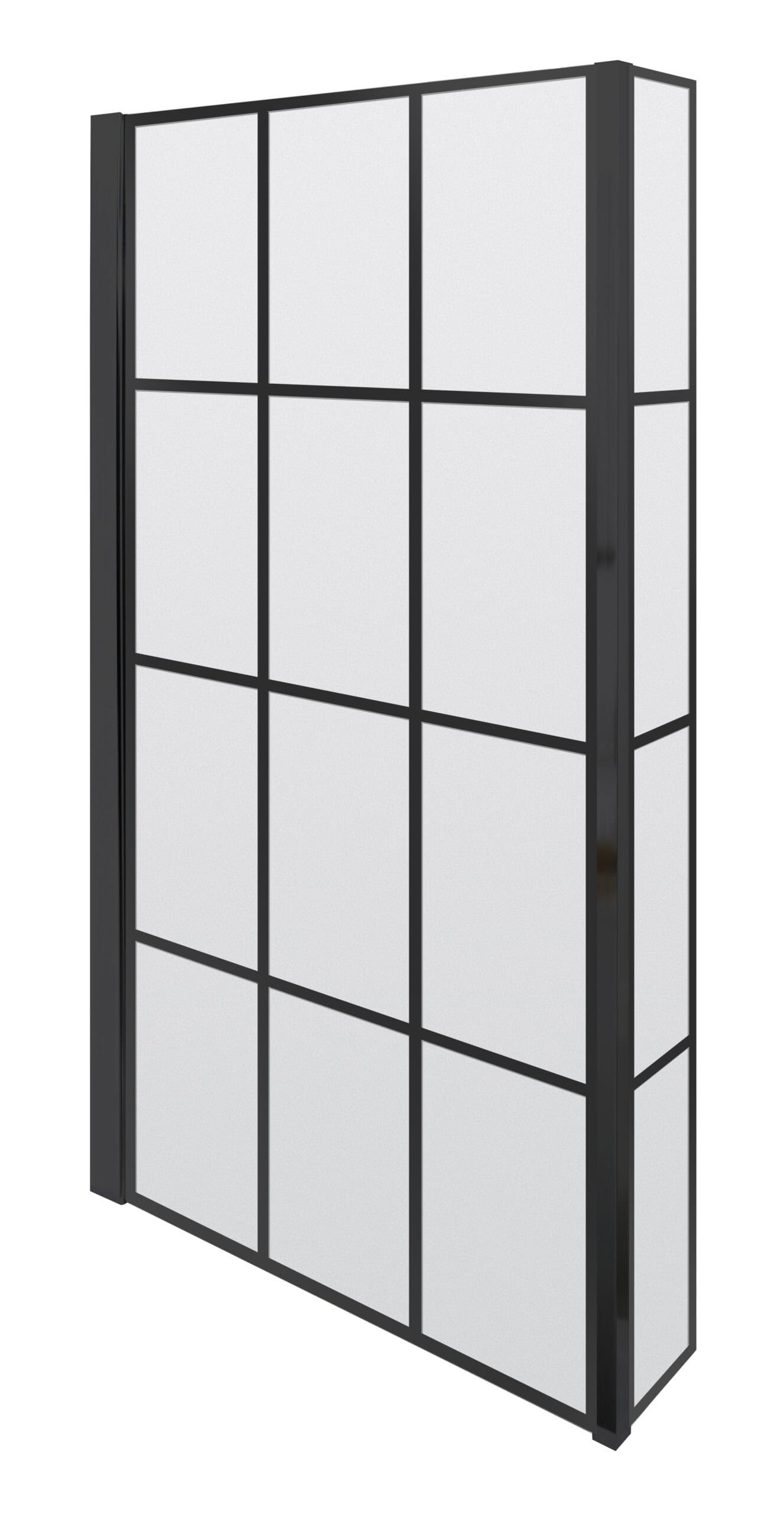 Black-framed shower screen with frosted glass panels, ideal for modern bathrooms, providing a stylish and functional shower enclosure for a sleek bathroom look.