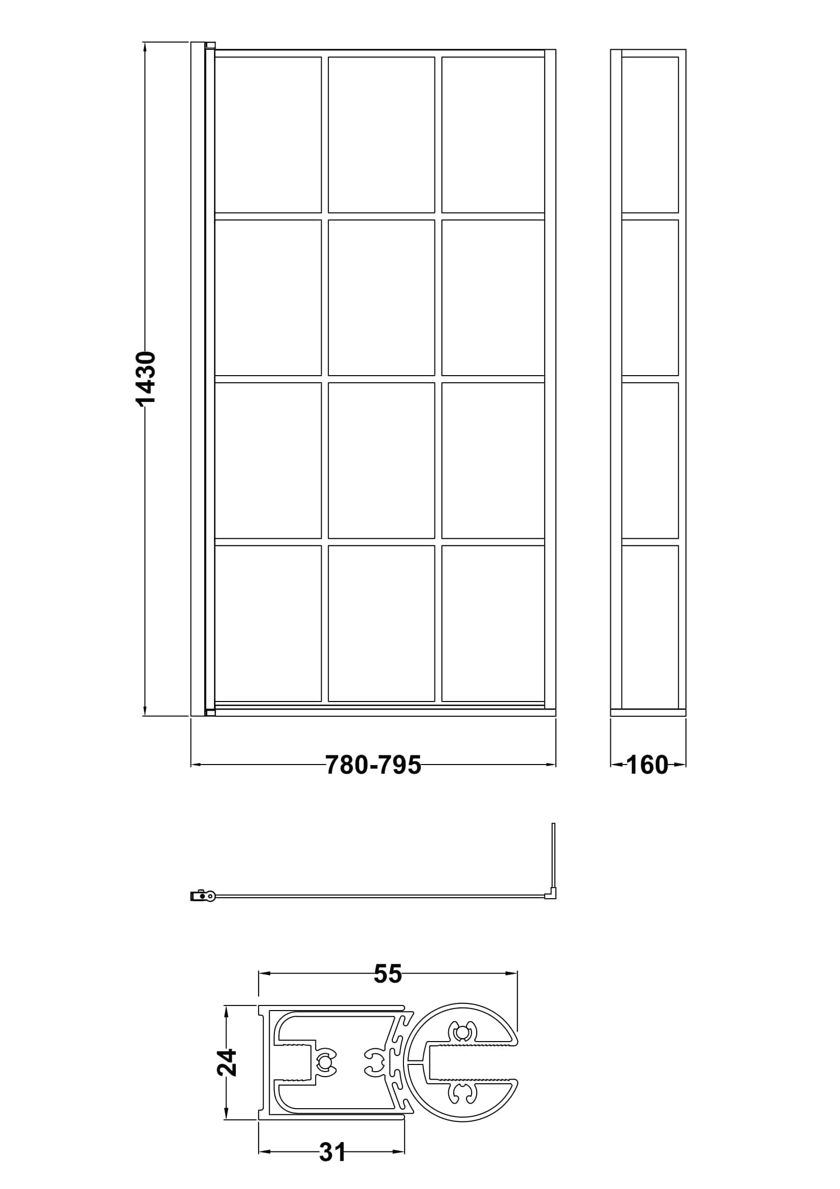 Stylish shower enclosure with sleek glass panels and modern aluminium frame, perfect for contemporary bathrooms; dimensions 780-795mm wide, 1430mm high.