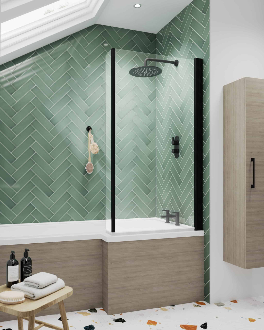 Modern walk-in shower with black fixtures and green tiled herringbone wall design, spacious bathtub area, and contemporary bathroom cabinet for a sleek bathroom renovation.