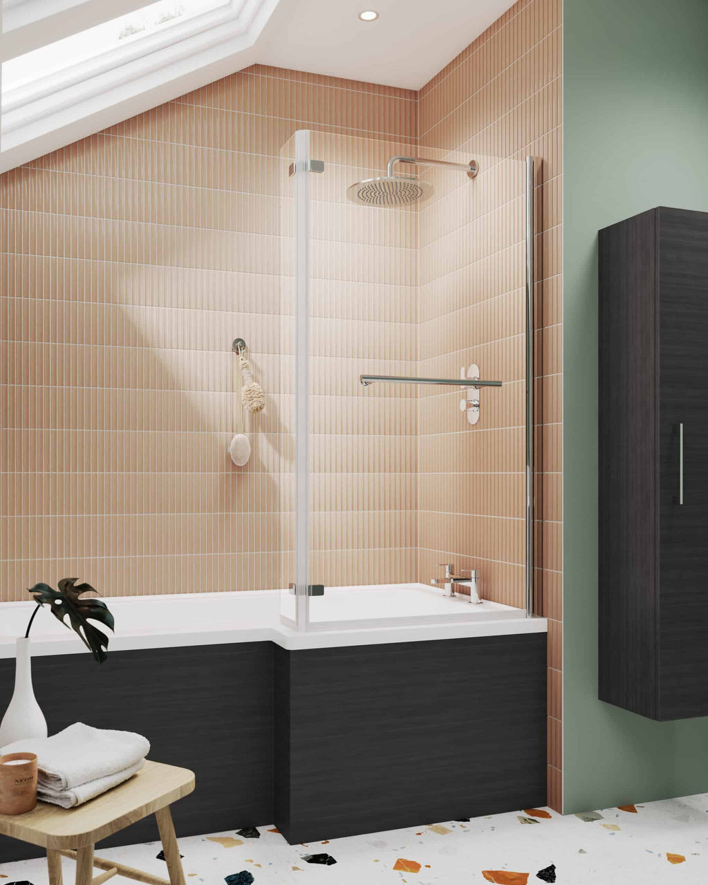 Contemporary walk-in shower with beige tiled walls, glass enclosure, modern chrome fixtures, and a shower head, creating a sleek and stylish bathroom design.