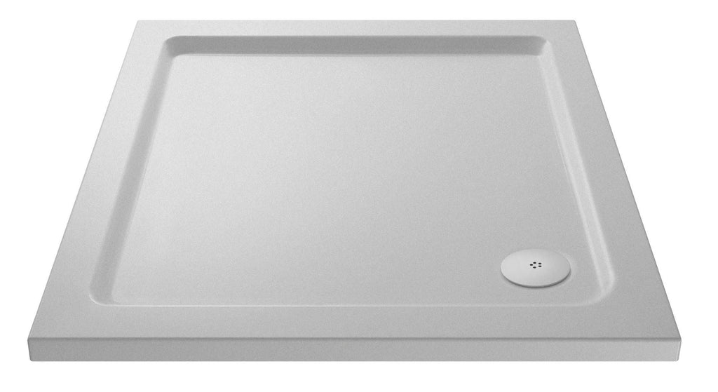 Minimalist white square bathroom shower tray with a central drain, designed for modern hygienic shower installation, providing a sleek and clean look for contemporary bathrooms.