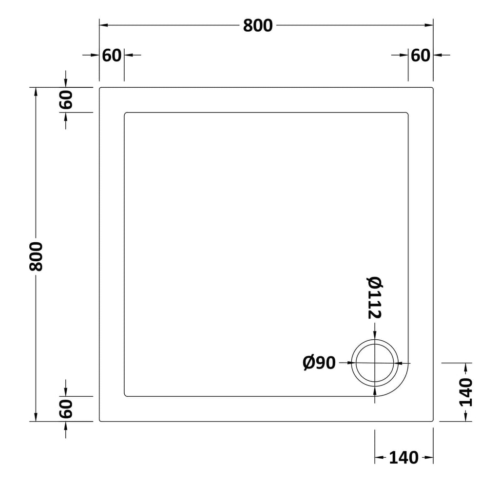 High-quality bathroom shower tray with precise measurements, including a 90mm drain and 800mm x 800mm size, perfect for modern bathroom renovations.