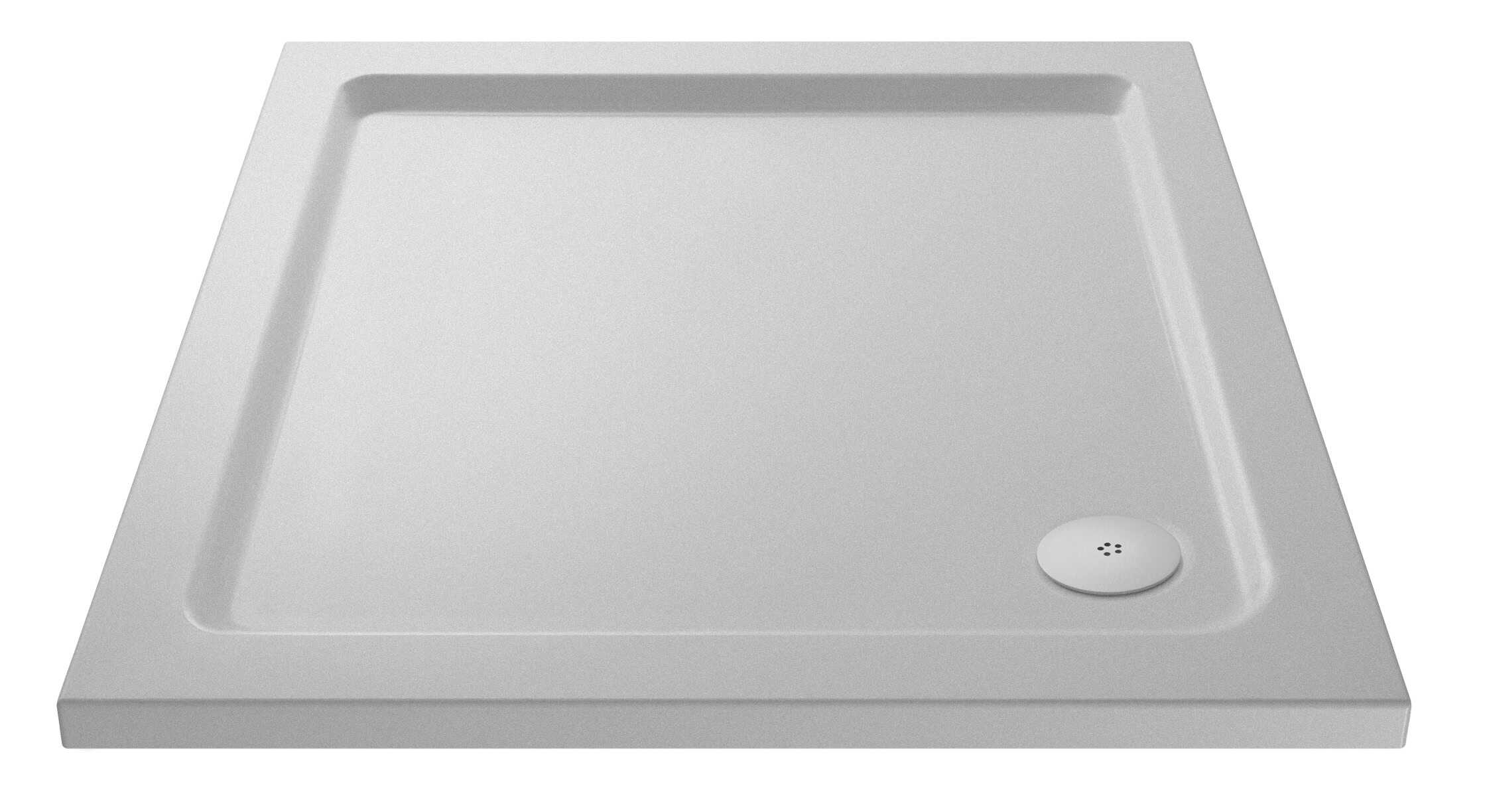 Minimalist white bathroom shower tray with drain, modern design for shower enclosure. Durable, easy to clean, and perfect for contemporary bathroom renovations.
